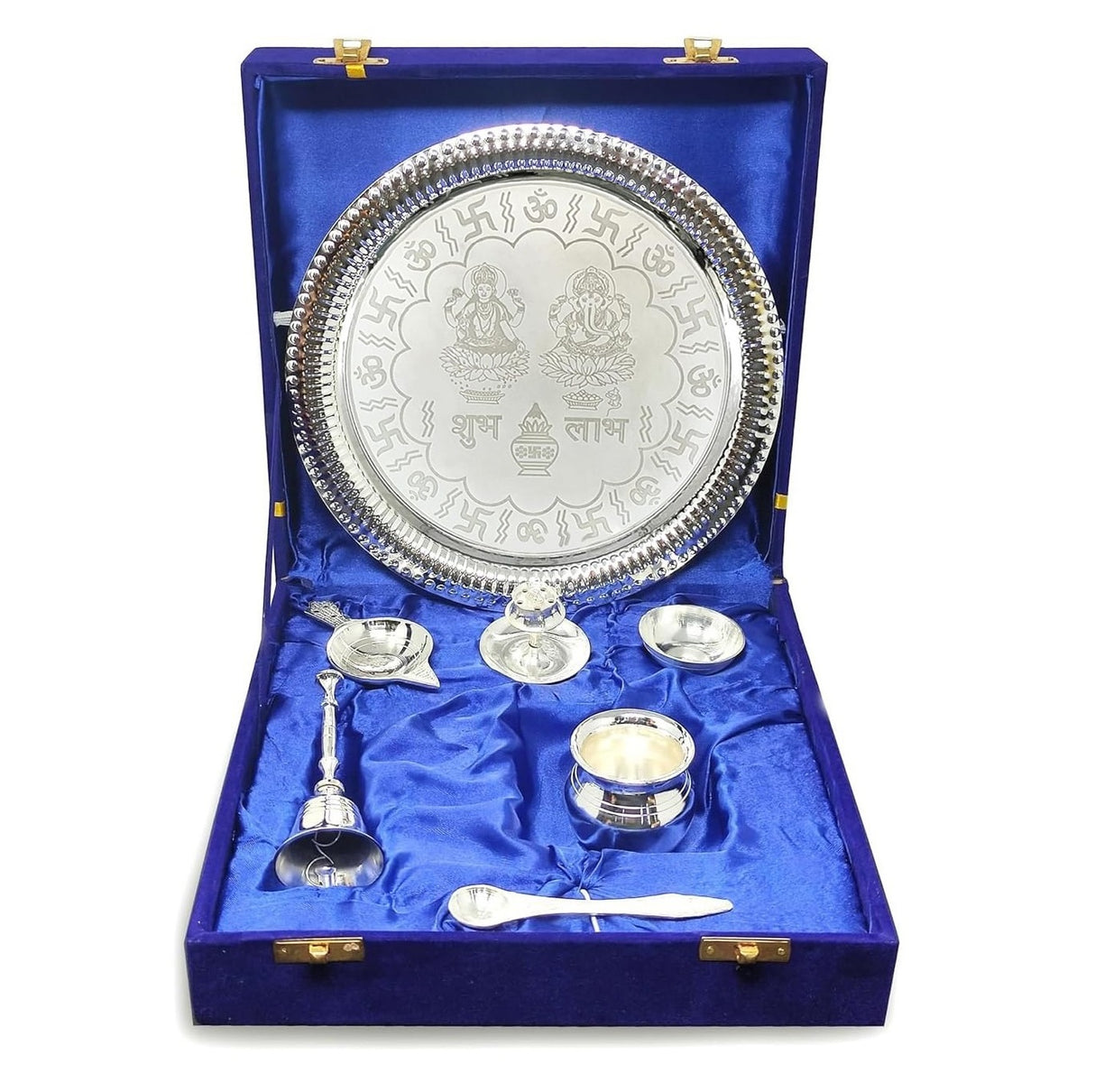 Bengalen Pooja Thali Set Silver Plated with Blue Gift Box Designed 22 cm Puja Plate Kalash Bowl Ghanti Spoon Dhup Dan Diya for Home Office Diwali Wedding Return Gift Items