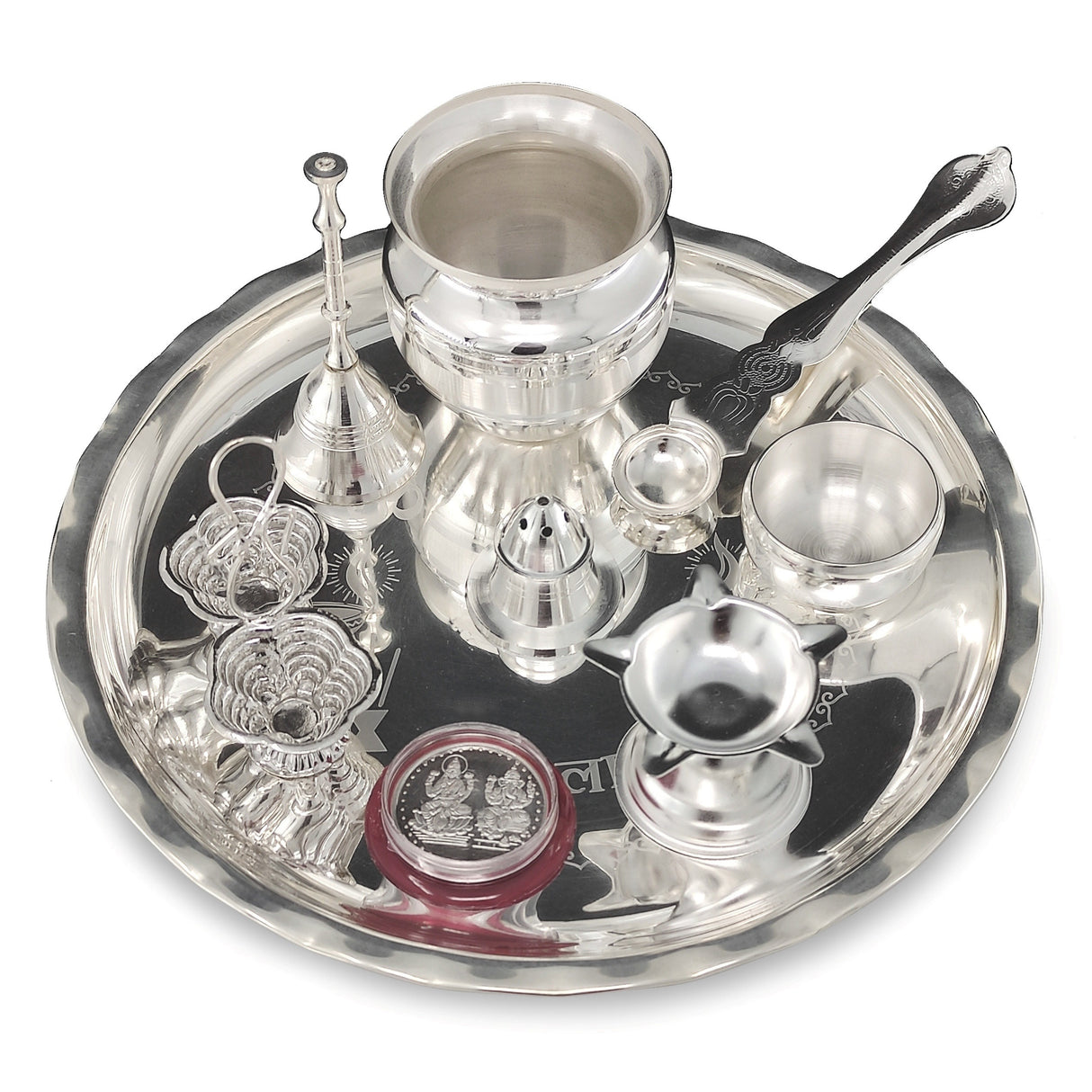Bengalen Silver Plated Pooja thali Set 8 Inch with Plate Ghanti Bowl Spoon Coin Dhup Dan Diya Kumkum Stand Puja Thali for Home Mandir Office Wedding Return Diwali Gift Items