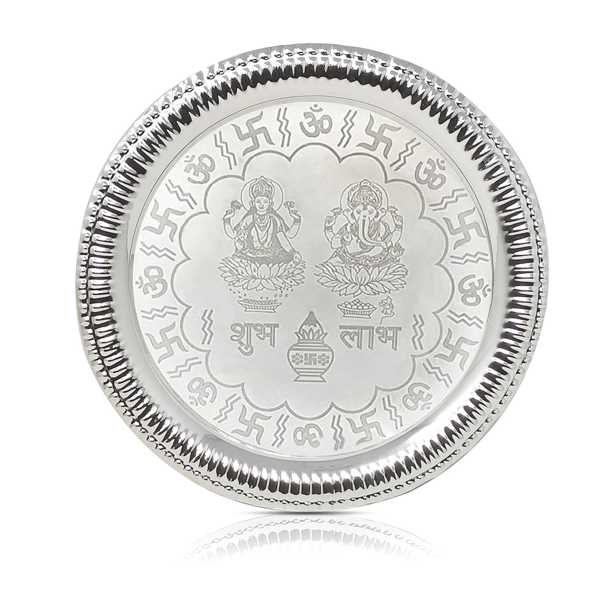 Bengalen Pooja Thali Set Silver Plated with Red Gift Box Designed 22 cm Puja Plate Kalash Bowl Ghanti Spoon Dhup Dan Diya for Home Office Diwali Wedding Return Gift Items