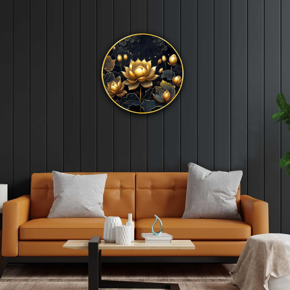 NOBILITY Golden Lotus Painting modern sparkle lamination Flower wall art with premium golden slim frame for Home Living Room Office Wedding Return Christmas Diwali Gift Items for Friends Family