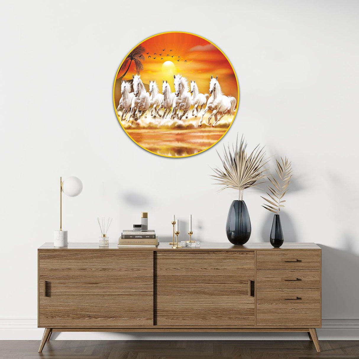 NOBILITY Seven Running Horses Painting modern sparkle lamination Horse wall art with premium golden slim frame for Home Living Room Office Wedding Return Diwali Gift Items for Friends Family