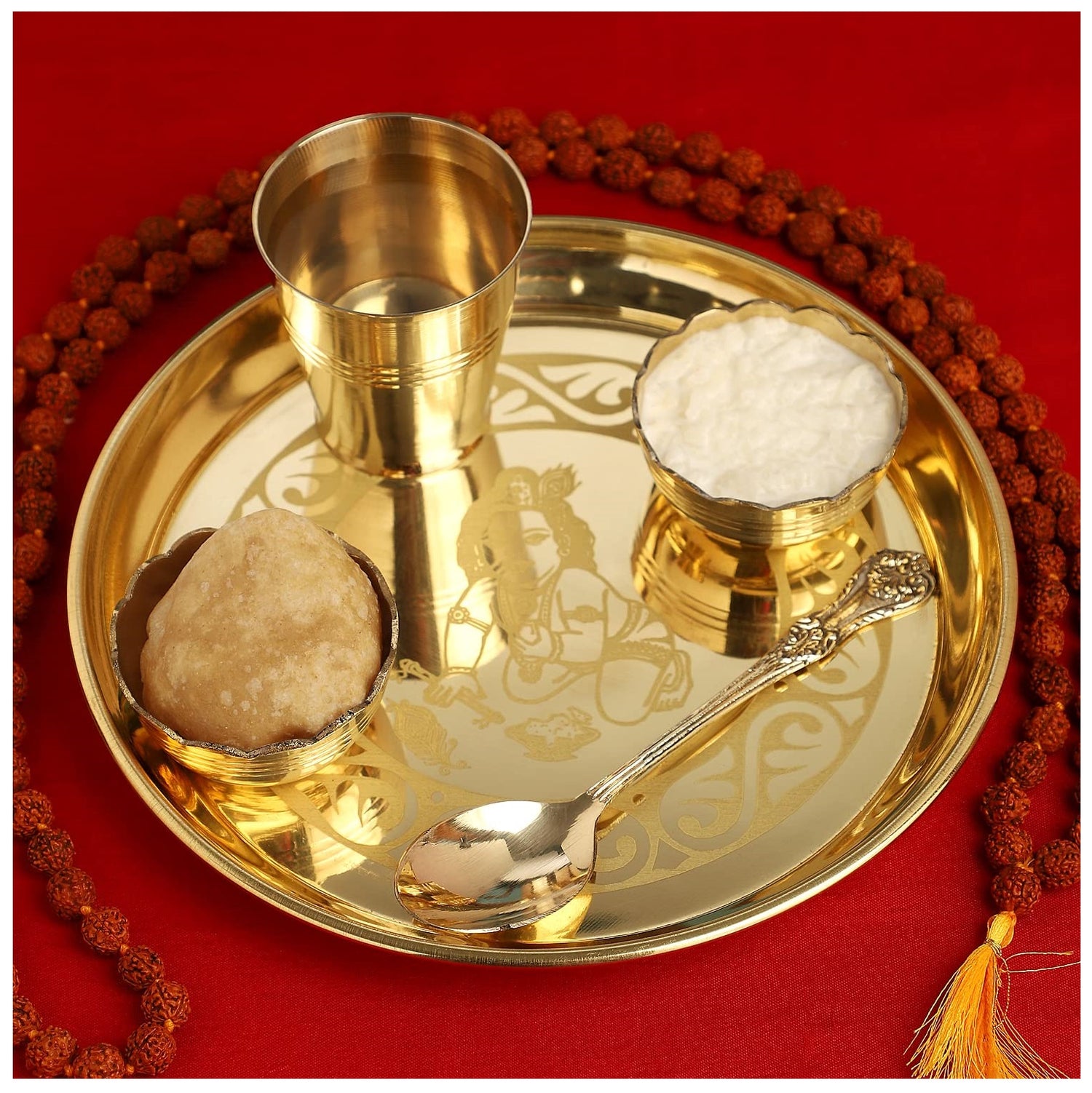 NOBILITY Brass Pooja Bhog thali Set 7 Inch Festival Kanha Thali Puja Set for Diwali Home Office Mandir Wedding Return Gift Items