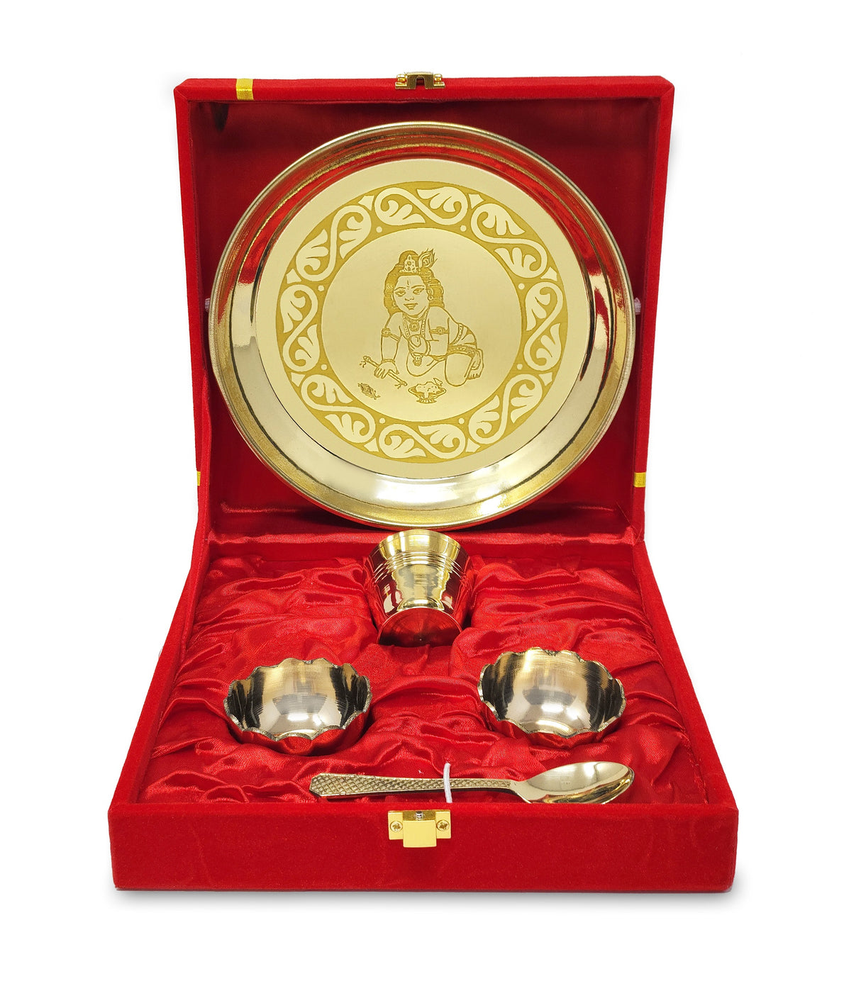 NOBILITY Pooja Thali Set Small 7 Inch With Red Velvet Box Brass Laddu Gopal Bhog Thali for Krishna Janmashtami Decoration Puja Item Festival Puja Kanha Bhog Thali Set for Home Office Mandir Return Gift Items