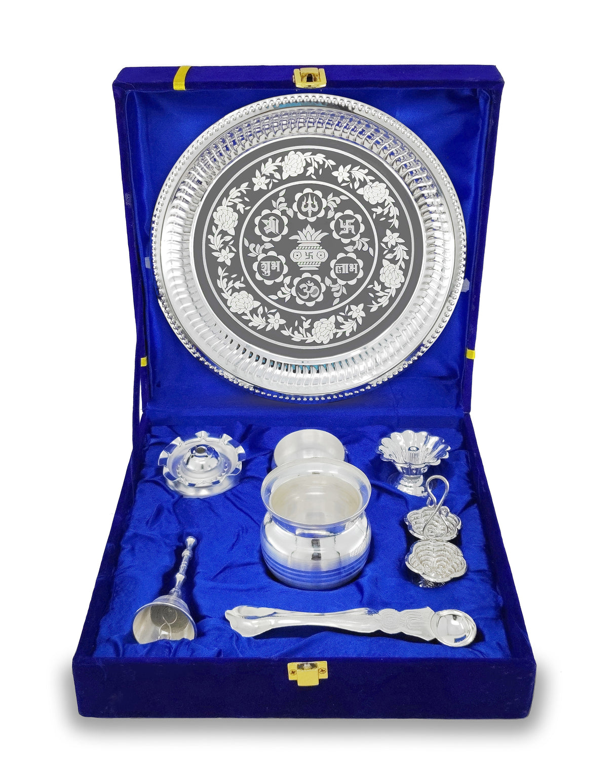 NOBILITY Pooja Thali Set Silver Plated with Blue Gift Box Designed Puja Plate 20 CM Bowl Ghanti Kalash Spoon Dhup Dan Diya for Home Office Diwali Wedding Return Gift Items