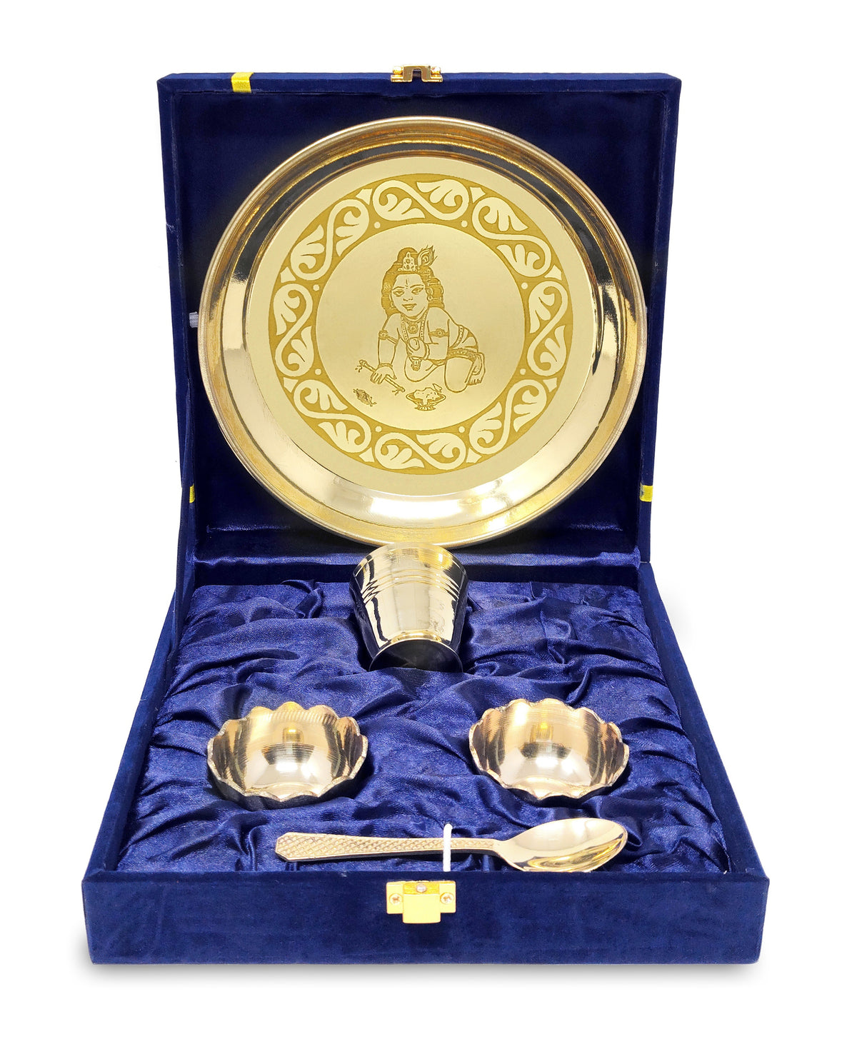 NOBILITY Pooja Thali Set Small 7 Inch With Blue Velvet Box Brass Laddu Gopal Bhog Thali for Krishna Janmashtami Decoration Puja Item Festival Puja Kanha Bhog Thali Set for Home Office Mandir Return Gift Items