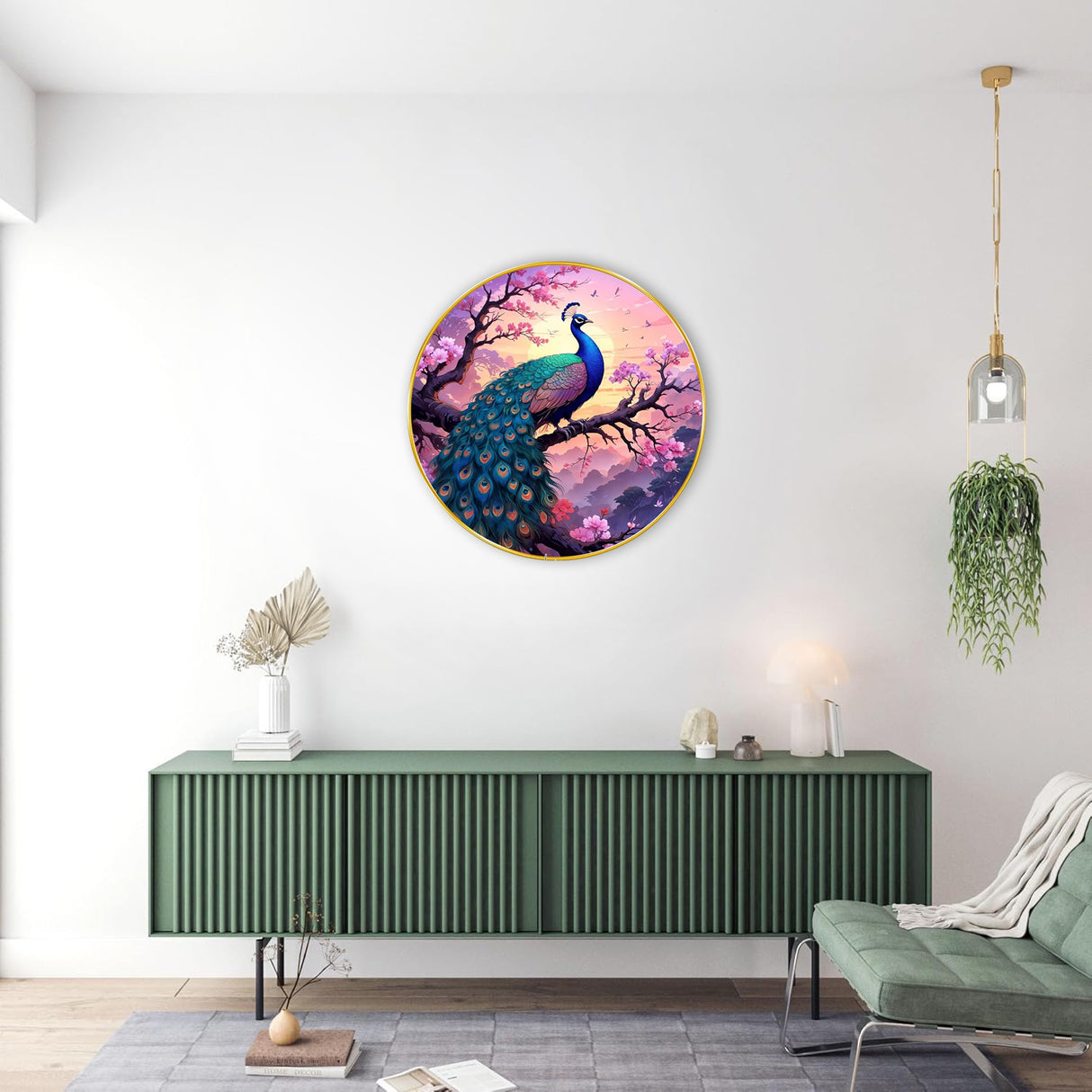 NOBILITY Peacock Painting modern sparkle lamination wall art with premium golden slim frame