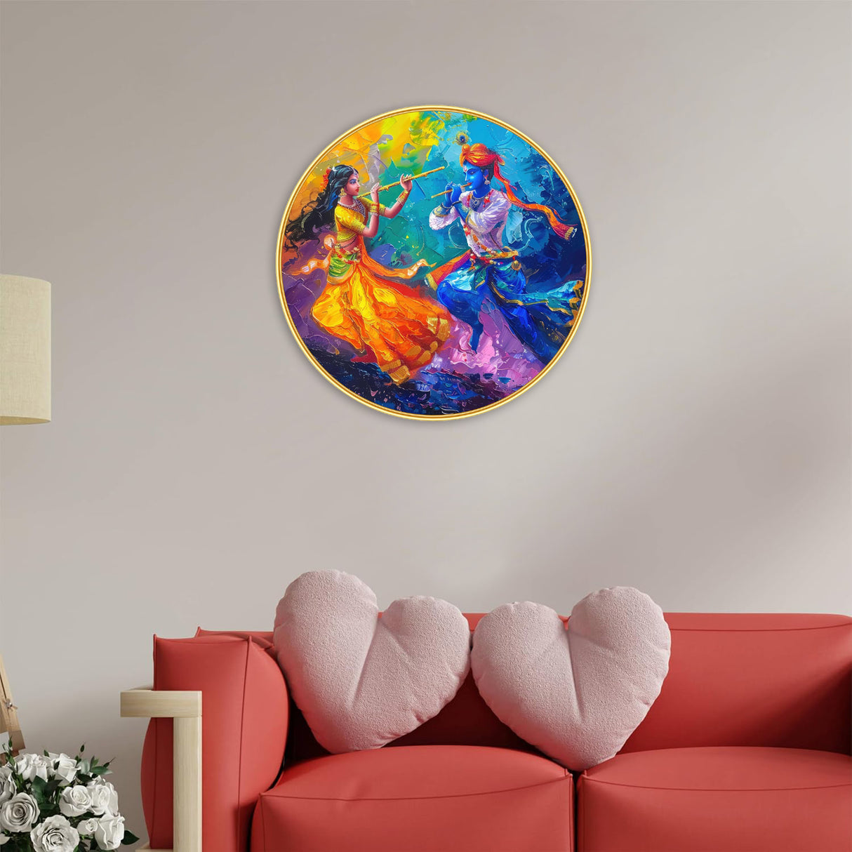 NOBILITY Radha Krishna Painting modern sparkle lamination wall art with premium golden slim frame for Home Living Room