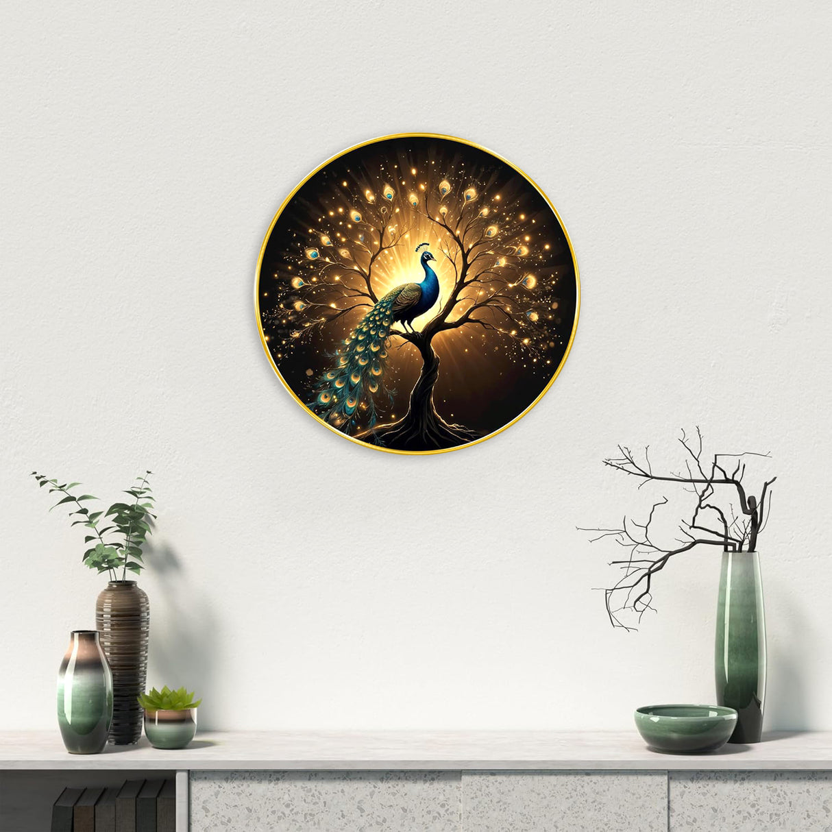 NOBILITY Peacock Painting modern sparkle lamination wall art with premium golden slim frame for Home Living Room Office Wedding Return Christmas Diwali Gift Items for Friends Family