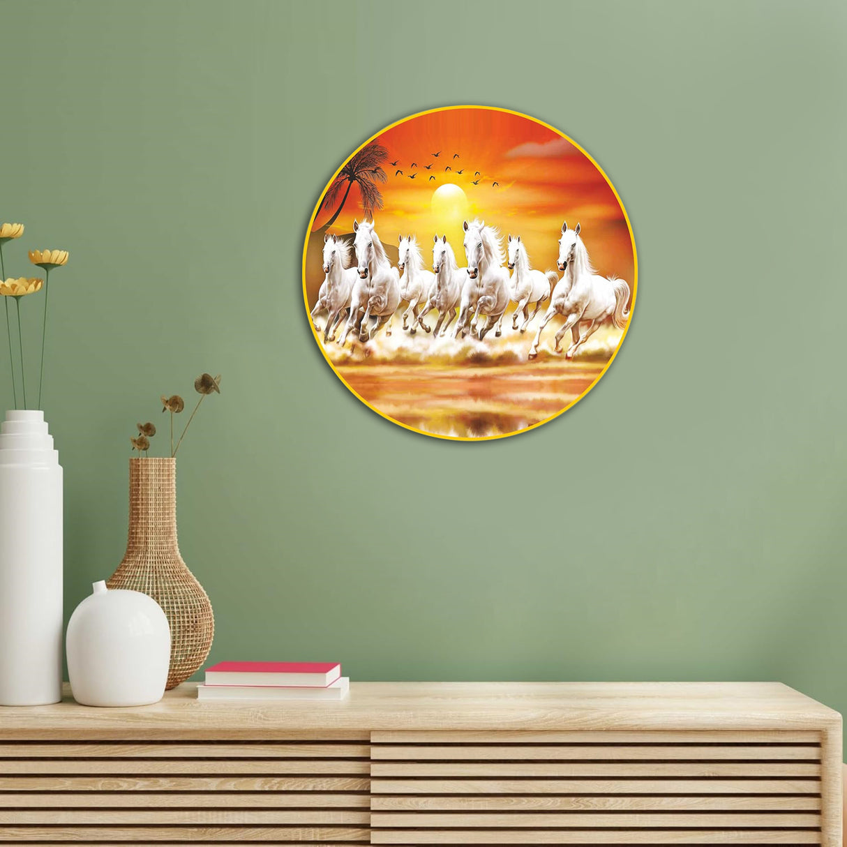 NOBILITY Seven Running Horses Painting modern sparkle lamination Horse wall art with premium golden slim frame for Home Living Room Office Wedding Return Diwali Gift Items for Friends Family