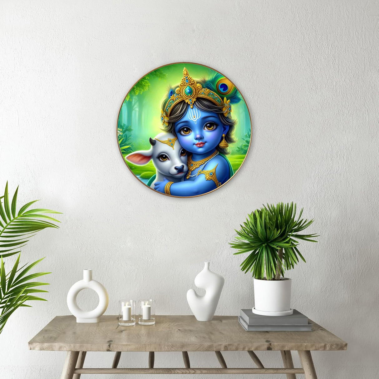 NOBILITY Krishna with cow Painting modern sparkle lamination Kanha wall art with premium golden slim frame for Home Living Room Office Wedding Return Christmas Diwali Gift Items for Friends Family