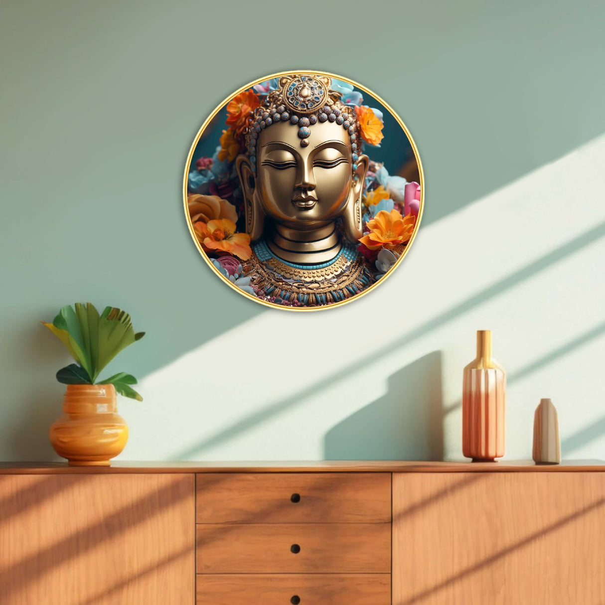 NOBILITY Buddha Painting modern sparkle lamination wall art with premium golden slim frame for Home Living Room Office Wedding Return Christmas Diwali Gift Items for Friends Family