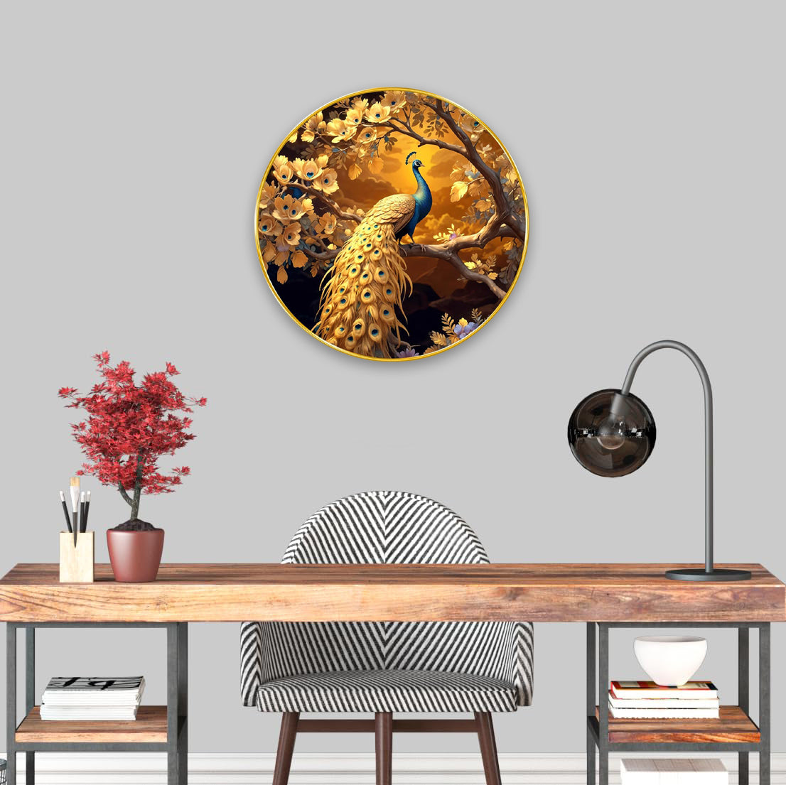 NOBILITY Peacock Painting modern sparkle lamination wall art with premium golden slim frame for Home Living Room Office Wedding Return Christmas Diwali Gift Items for Friends Family