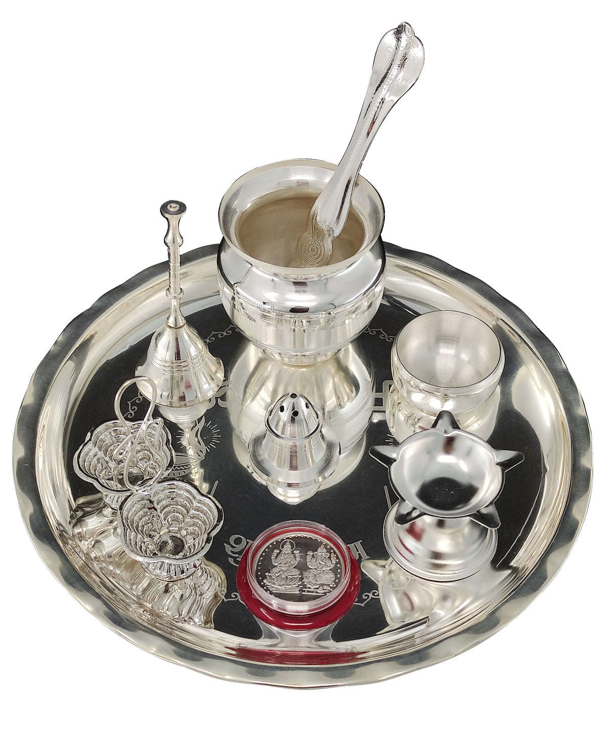 Bengalen Silver Plated Pooja thali Set 8 Inch with Plate Ghanti Bowl Spoon Coin Dhup Dan Diya Kumkum Stand Puja Thali for Home Mandir Office Wedding Return Diwali Gift Items