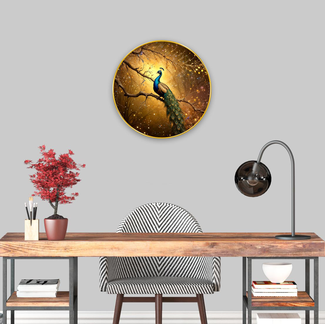 NOBILITY Peacock Painting modern sparkle lamination wall art with premium golden slim frame for Home Living Room Office Wedding Return Christmas Diwali Gift Items for Friends Family