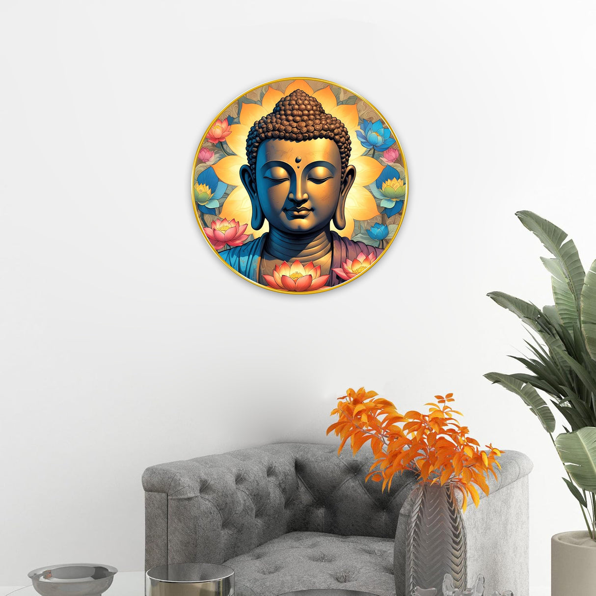 NOBILITY Buddha Painting modern sparkle lamination wall art with premium golden slim frame for Home Living Room Office Wedding Return Christmas Diwali Gift Items for Friends Family