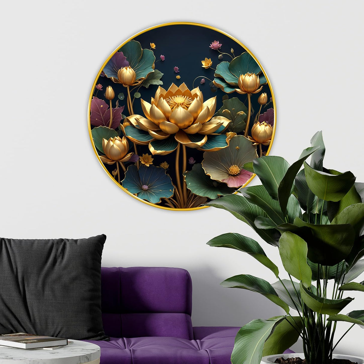 NOBILITY Golden Lotus Painting modern sparkle lamination wall art with premium golden slim frame for Home Living Room