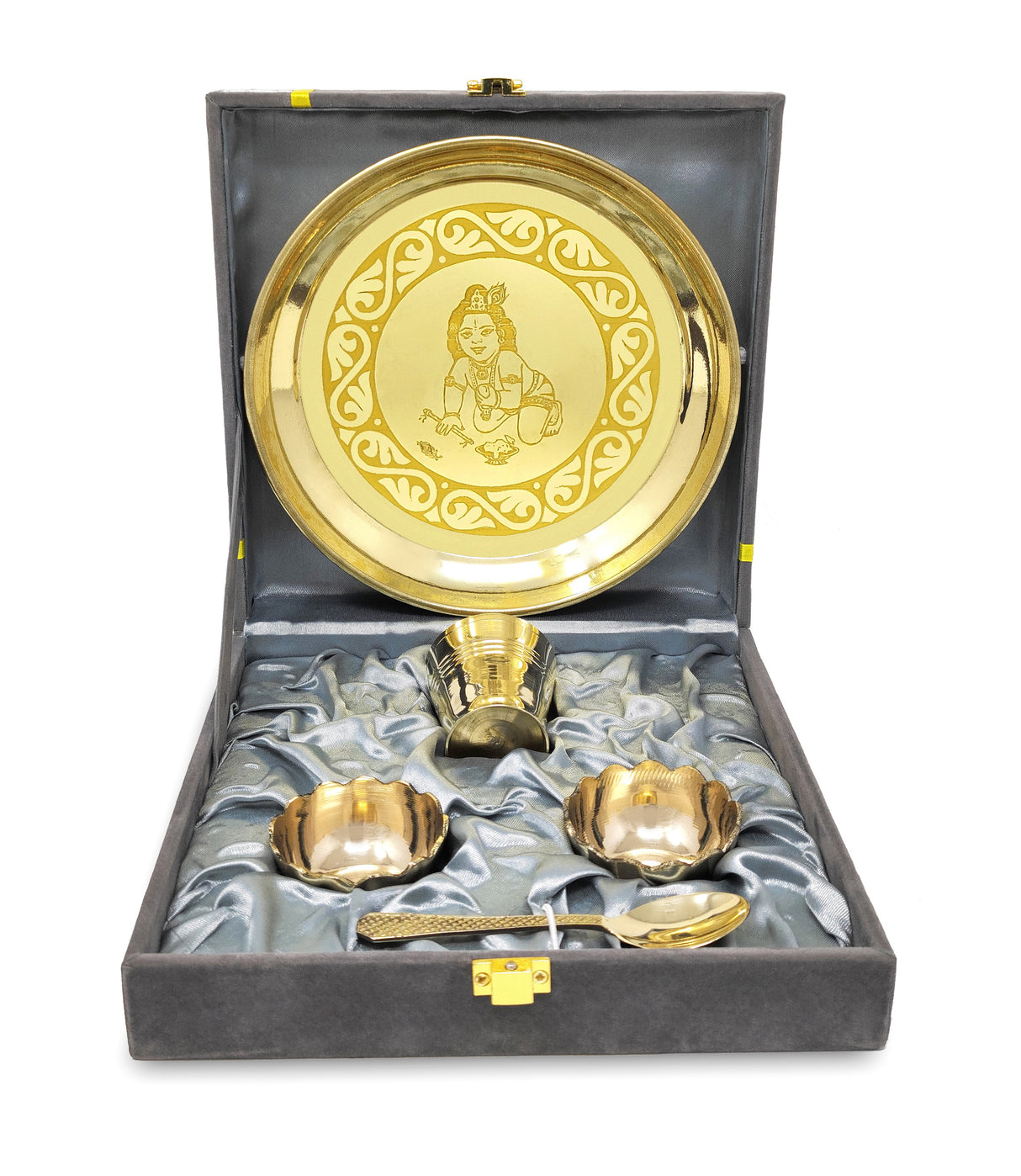 NOBILITY Pooja Thali Set Small 7 Inch With Gray Velvet Box Brass Laddu Gopal Bhog Thali for Krishna Janmashtami Decoration Puja Item Festival Puja Kanha Bhog Thali Set for Home Office Mandir Return Gift Items