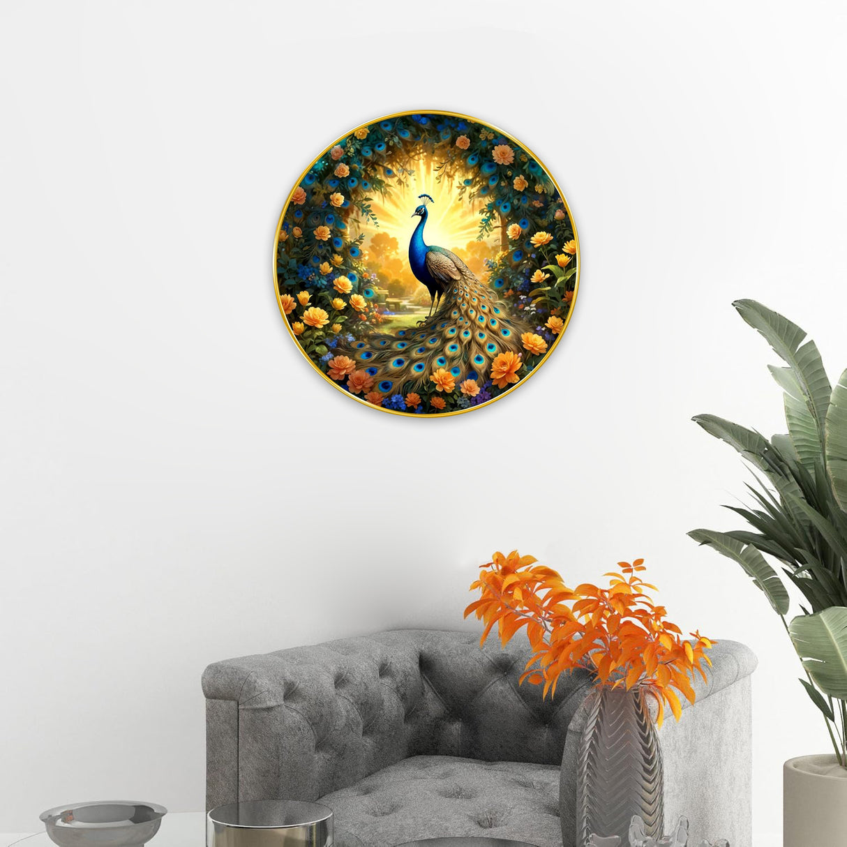 NOBILITY Peacock Painting modern sparkle lamination wall art with premium golden slim frame for Home Living Room Office Wedding Return Christmas Diwali Gift Items for Friends Family