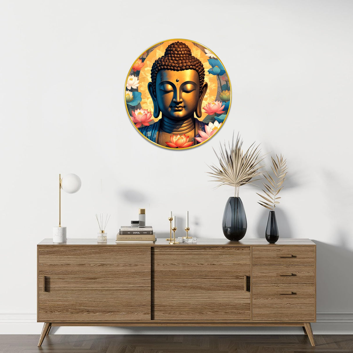 NOBILITY Buddha Painting modern sparkle lamination wall art with premium golden slim frame for Home Living Room Office Wedding Return Diwali Gift Items for Friends Family