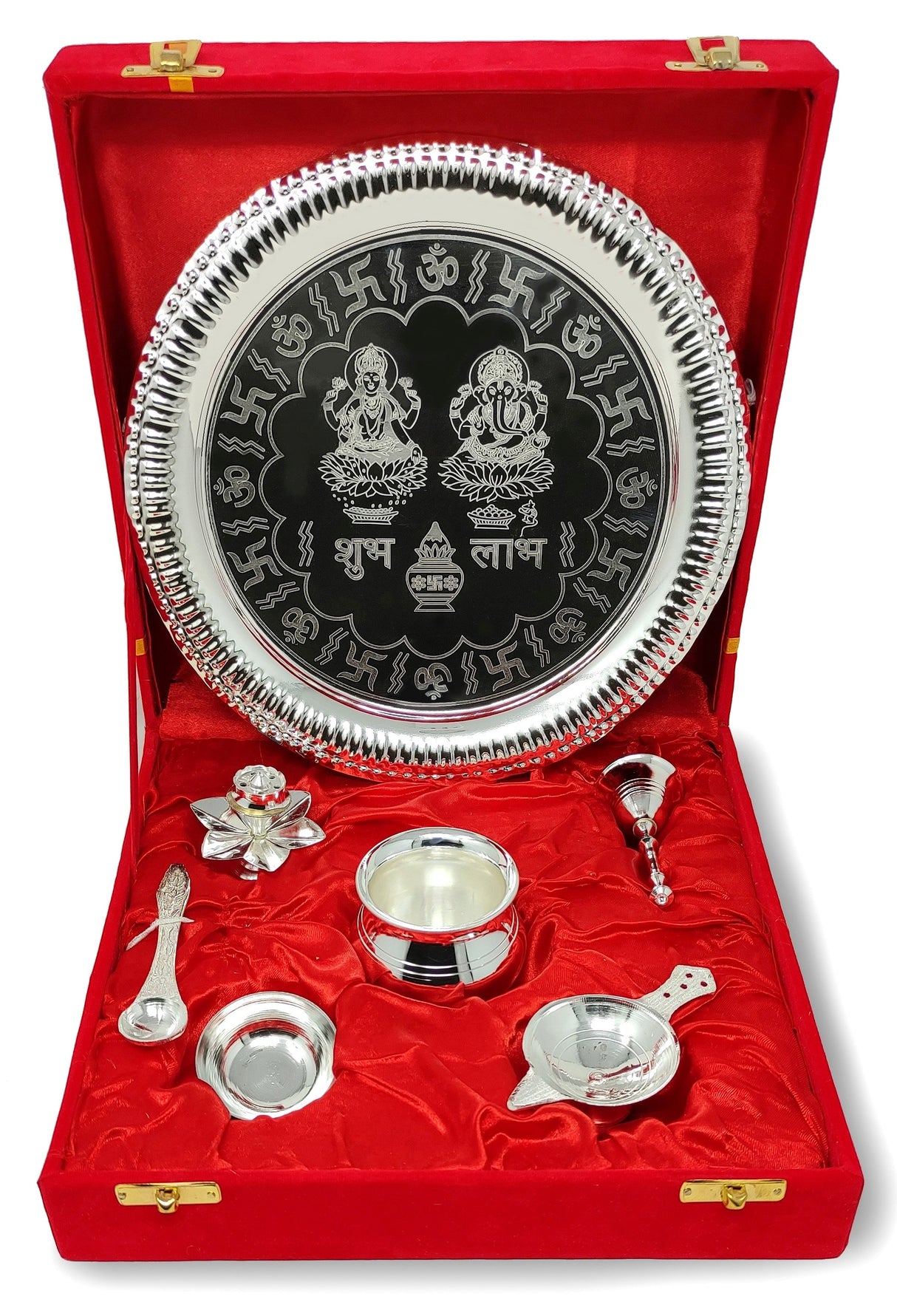 Bengalen Pooja Thali Set Silver Plated with Red Gift Box Designed 22 cm Puja Plate Kalash Bowl Ghanti Spoon Dhup Dan Diya for Home Office Diwali Wedding Return Gift Items