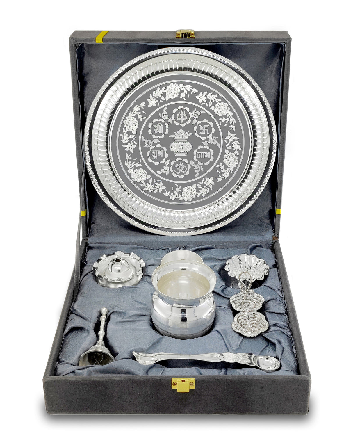 NOBILITY Pooja Thali Set Silver Plated with Gray Gift Box Designed Puja Plate 20 CM Bowl Ghanti Kalash Spoon Dhup Dan Diya for Home Office Diwali Wedding Return Gift Items