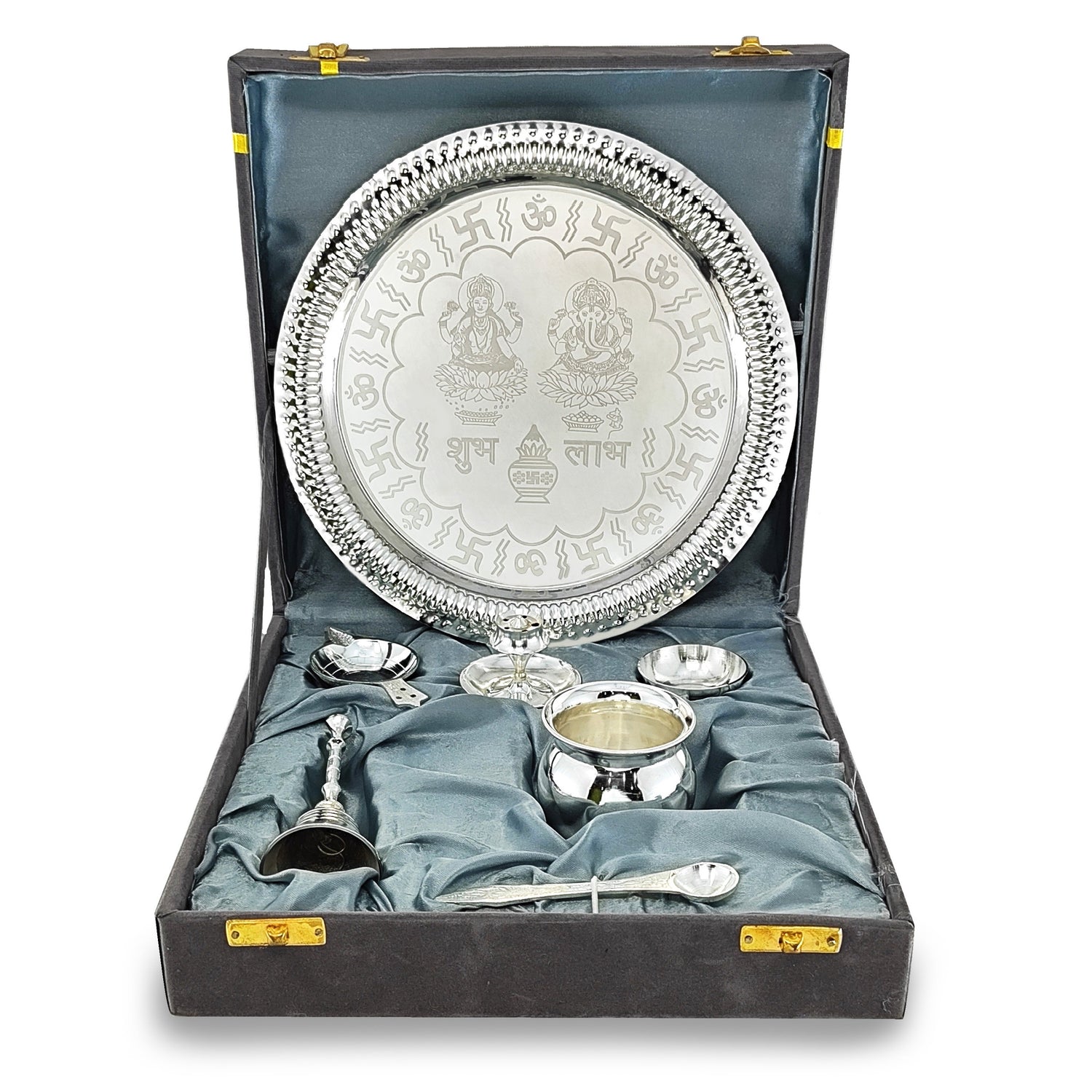 Bengalen Pooja Thali Set Silver Plated with Grey Gift Box Designed 22 cm Puja Plate Kalash Bowl Ghanti Spoon Dhup Dan Diya for Home Office Diwali Wedding Return Gift Items