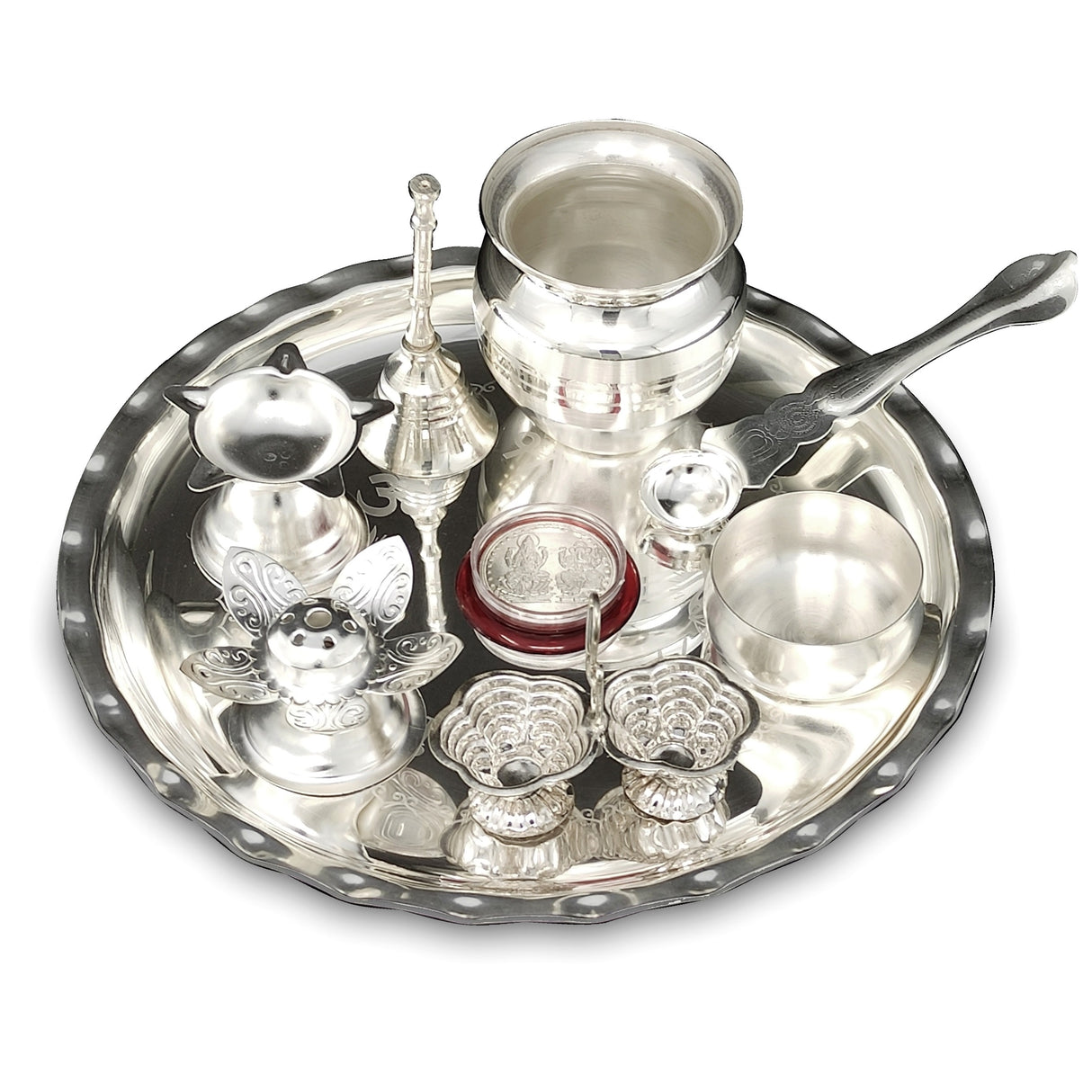 Bengalen Silver Plated Pooja thali Set 8 Inch with Plate Ghanti Bowl Spoon Dhup Dan Diya Kumkum Holder Coin Puja Thali for Home Mandir Office Wedding Return Diwali Gift Items
