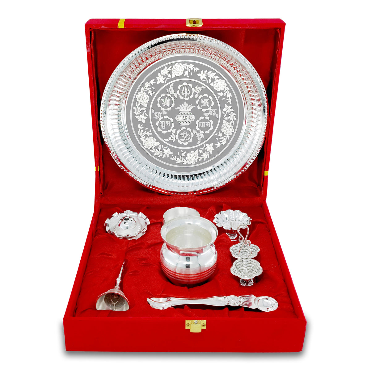 NOBILITY Pooja Thali Set Silver Plated with Red Gift Box Designed Puja Plate 20 CM Bowl Ghanti Kalash Spoon Dhup Dan Diya for Home Office Diwali Wedding Return Gift Items