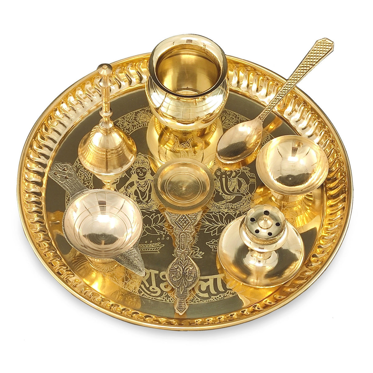 Bengalen Brass Pooja thali Set 8 Inch with Pital Plate Kalash Spoon Diya Bowl Dhup Dan Ghanti Kappur Arti Daily Puja Thali for Diwali Home Mandir Office Wedding Return Gift Items