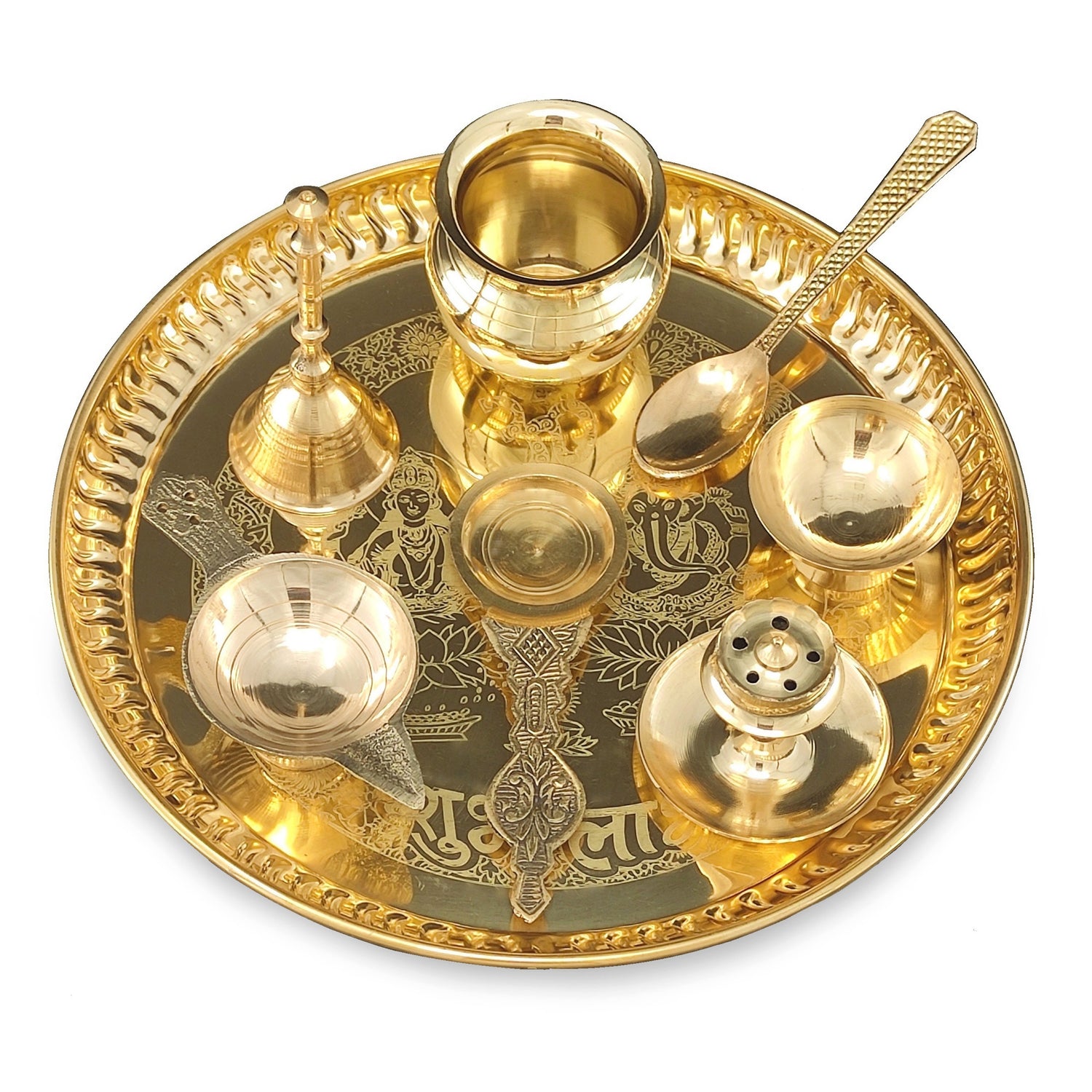 Bengalen Brass Pooja thali Set 8 Inch with Pital Plate Kalash Spoon Diya Bowl Dhup Dan Ghanti Kappur Arti Daily Puja Thali for Diwali Home Mandir Office Wedding Return Gift Items
