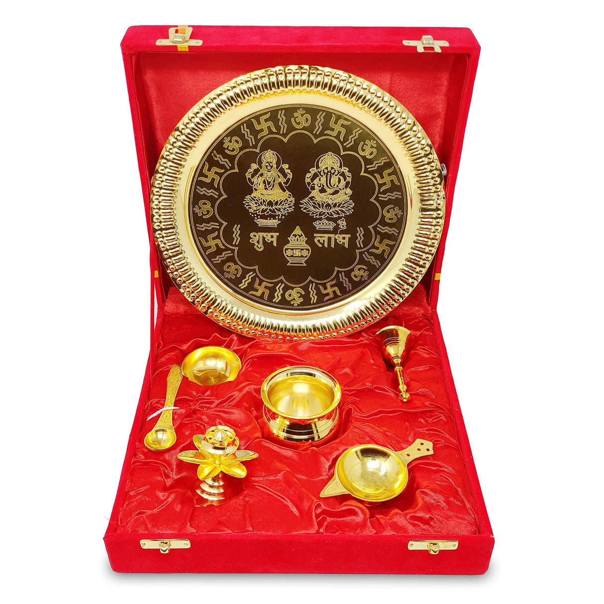 Bengalen Pooja Thali Set Gold Plated with Red Gift Box Designed 22 cm Puja Plate Kalash Bowl Ghanti Spoon Dhup Dan Diya for Home Office Diwali Wedding Return Gift Items