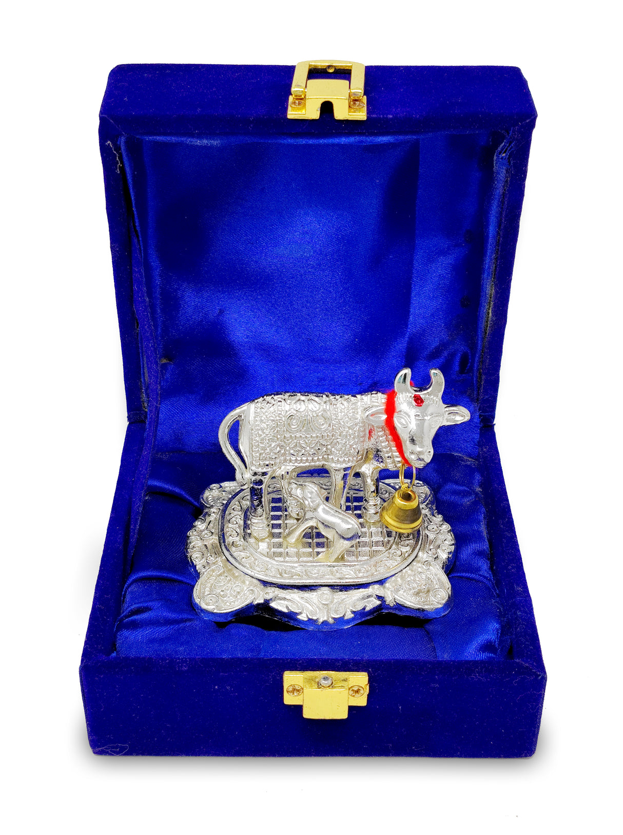 NOBILITY Small Kamdhenu Cow with Calf Metal Statue with Blue Gift Box Showpiece Decorative Item for Home Office Diwali Decoration Pooja Items Wedding Return Gifts