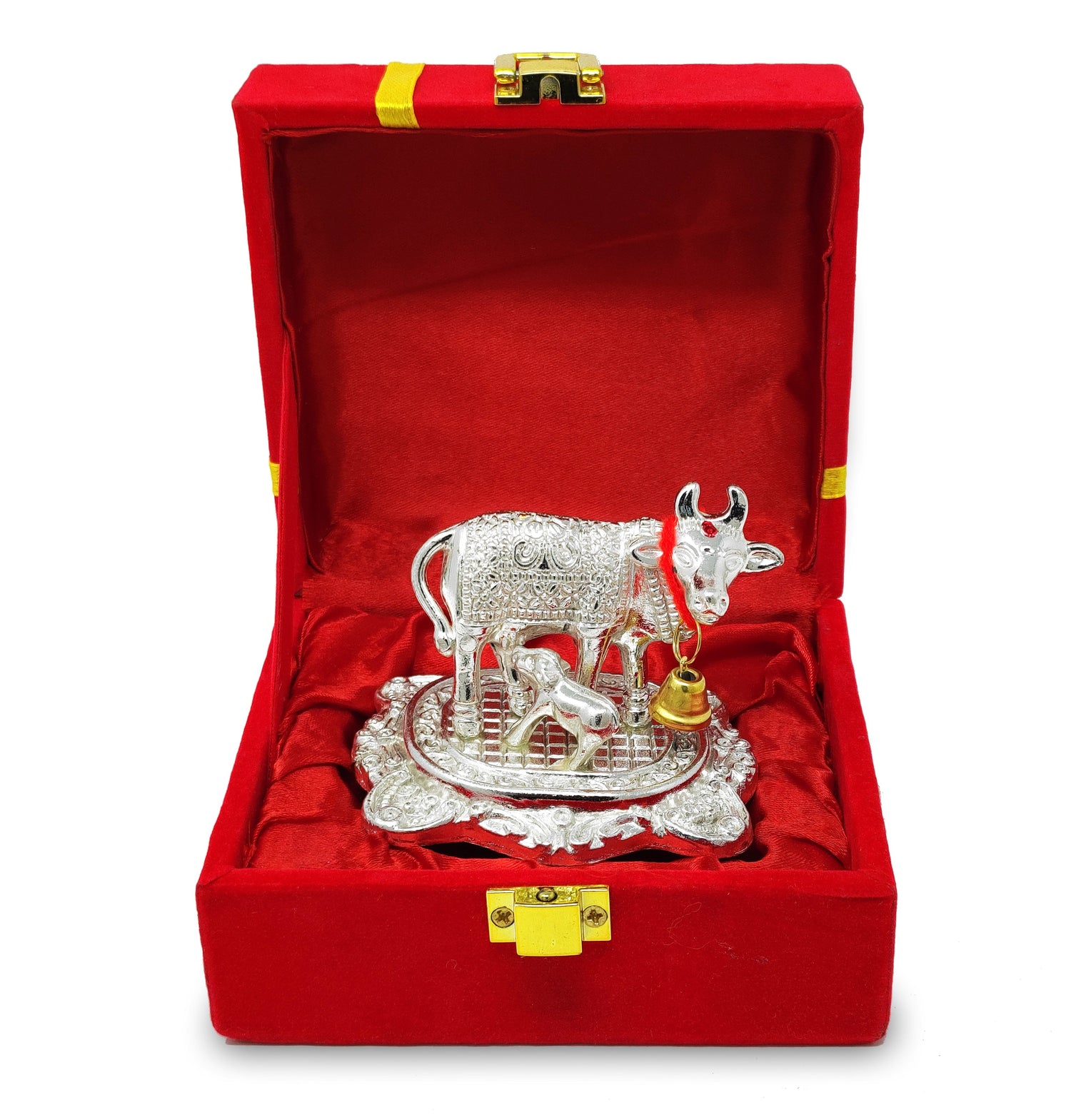 NOBILITY Silver Plated Small Kamdhenu Cow with Calf Metal Statue with Red Gift Box Showpiece Decorative Item for Home Office Diwali Decoration Pooja Items Wedding Return Gifts