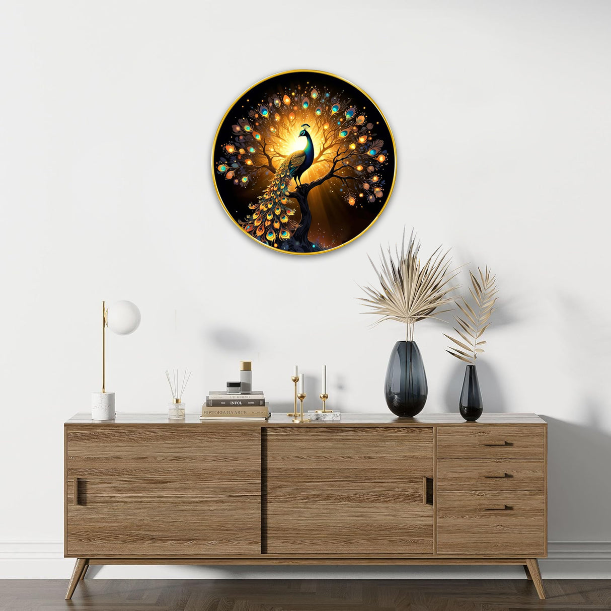 NOBILITY Peacock Painting modern sparkle lamination wall art with premium golden slim frame for Home Living Room Office Wedding Return Christmas Diwali Gift Items for Friends Family