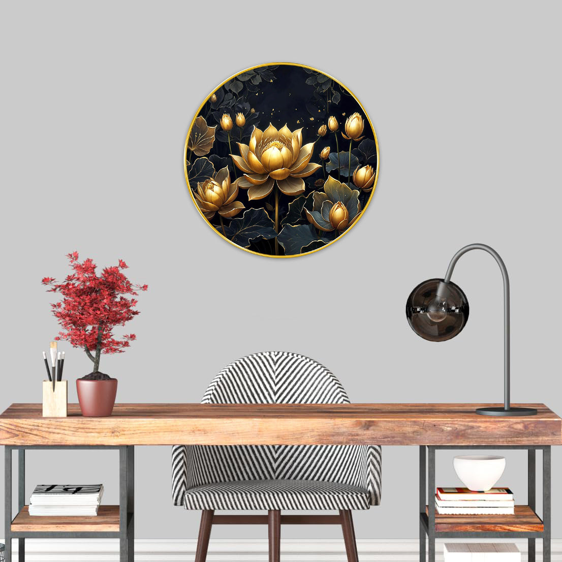 NOBILITY Golden Lotus Painting modern sparkle lamination Flower wall art with premium golden slim frame for Home Living Room Office Wedding Return Christmas Diwali Gift Items for Friends Family
