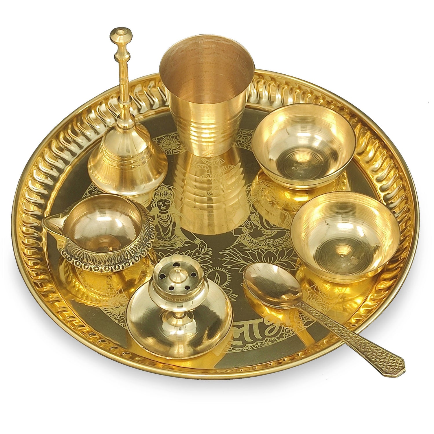 Bengalen Brass Pooja thali Set 8 Inch with Pital Plate Glass Spoon Ghanti Bowl Agarbatti Stand Kuber Diya Puja Thali for Diwali Home Mandir Office Wedding Return Gift Items