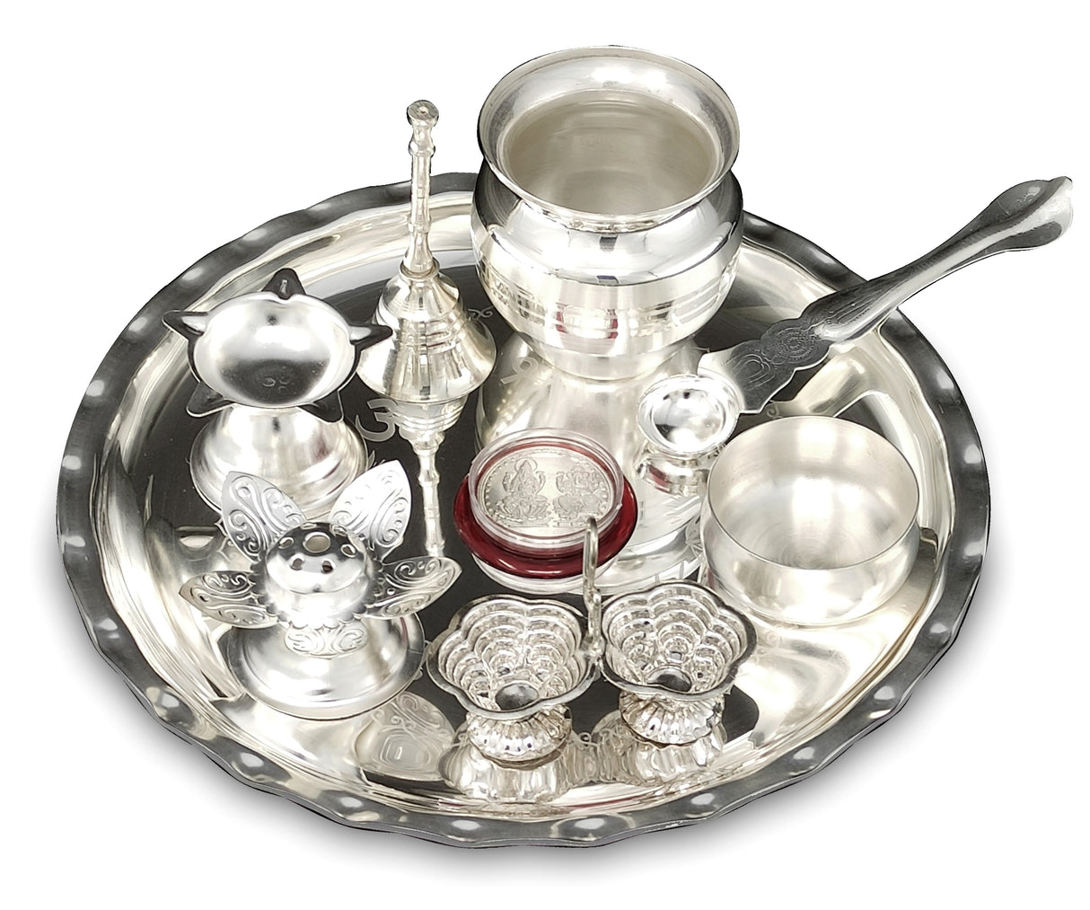 Bengalen Silver Plated Pooja thali Set 8 Inch with Plate Ghanti Bowl Spoon Dhup Dan Diya Kumkum Holder Coin Puja Thali for Home Mandir Office Wedding Return Diwali Gift Items