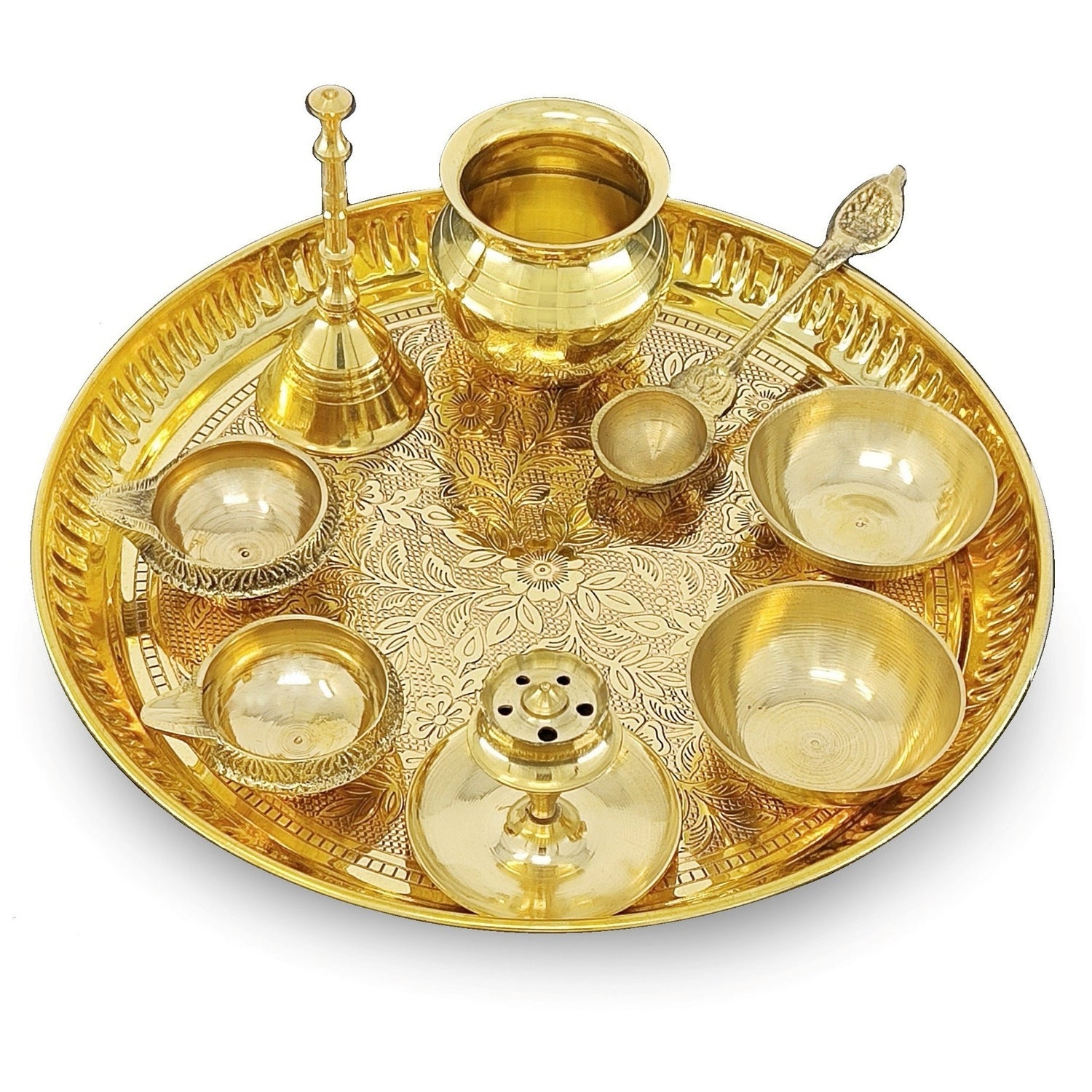 Bengalen Brass Pooja Thali Set 8 Inch Puja Thali with Pital Plate Kalash Palli Chandan Vati Kuber Deep Dhup Dan Ghanti Arti Thali for Diwali Home Office Mandir Wedding Return Gift Items