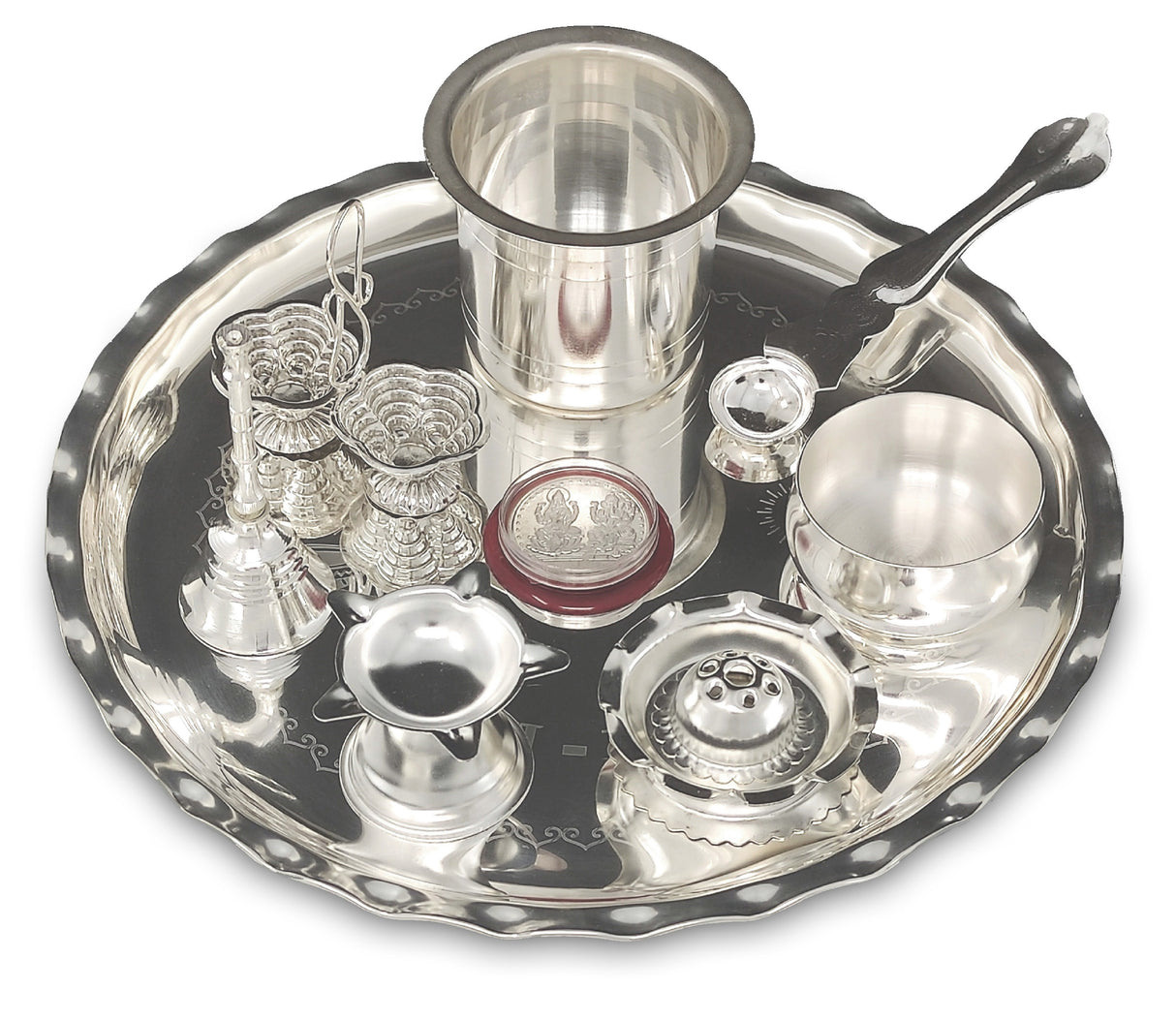 Bengalen Silver Plated Pooja Thali Set 9.5 Inch with Plate Diya Haldi Kumkum Stand Panchapatra Palli Bowl Dhup Dan Ghanti Puja Thali for Home Mandir Office Diwali Wedding Return Gift Items