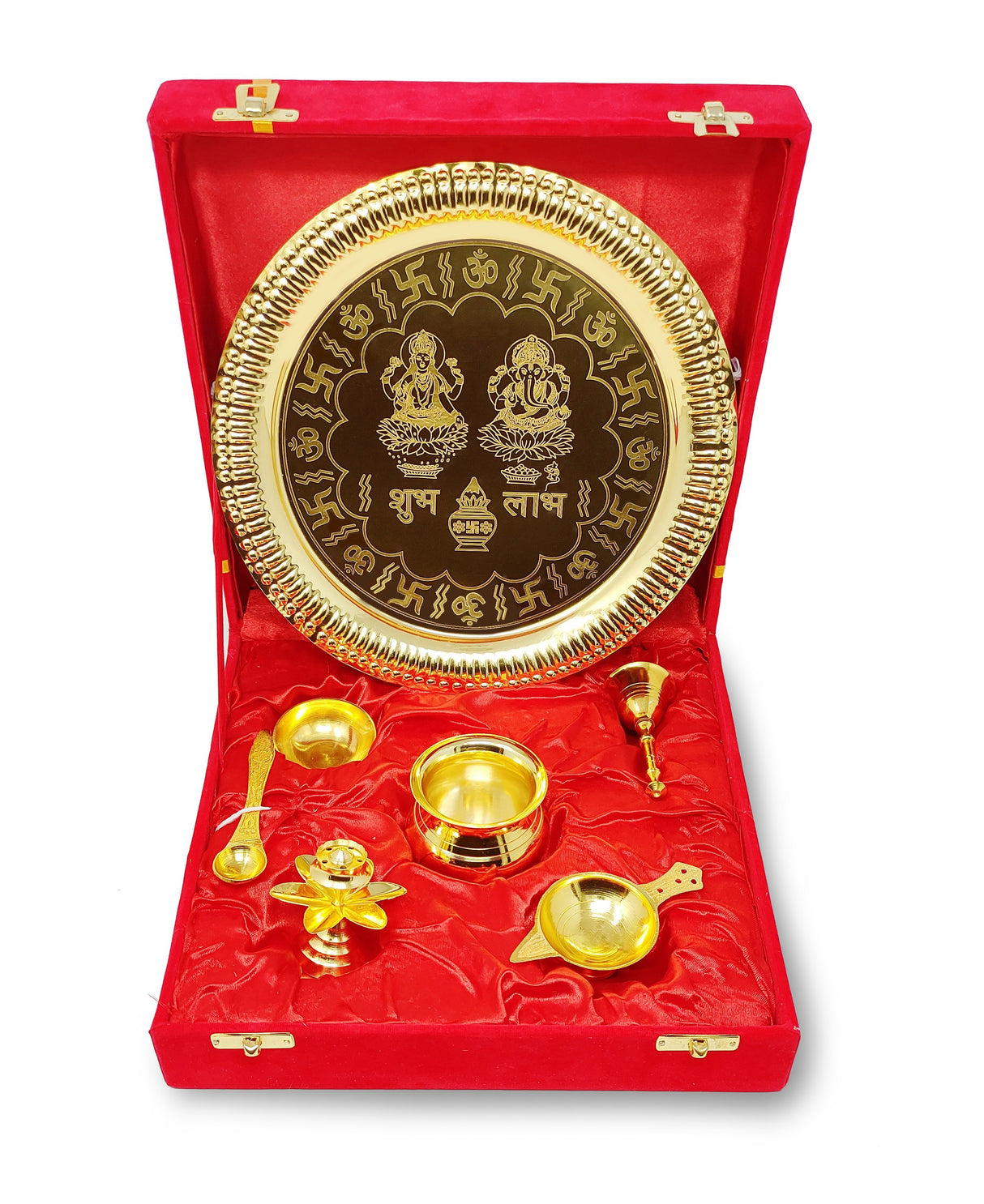 Bengalen Pooja Thali Set Gold Plated with Red Gift Box Designed 22 cm Puja Plate Kalash Bowl Ghanti Spoon Dhup Dan Diya for Home Office Diwali Wedding Return Gift Items