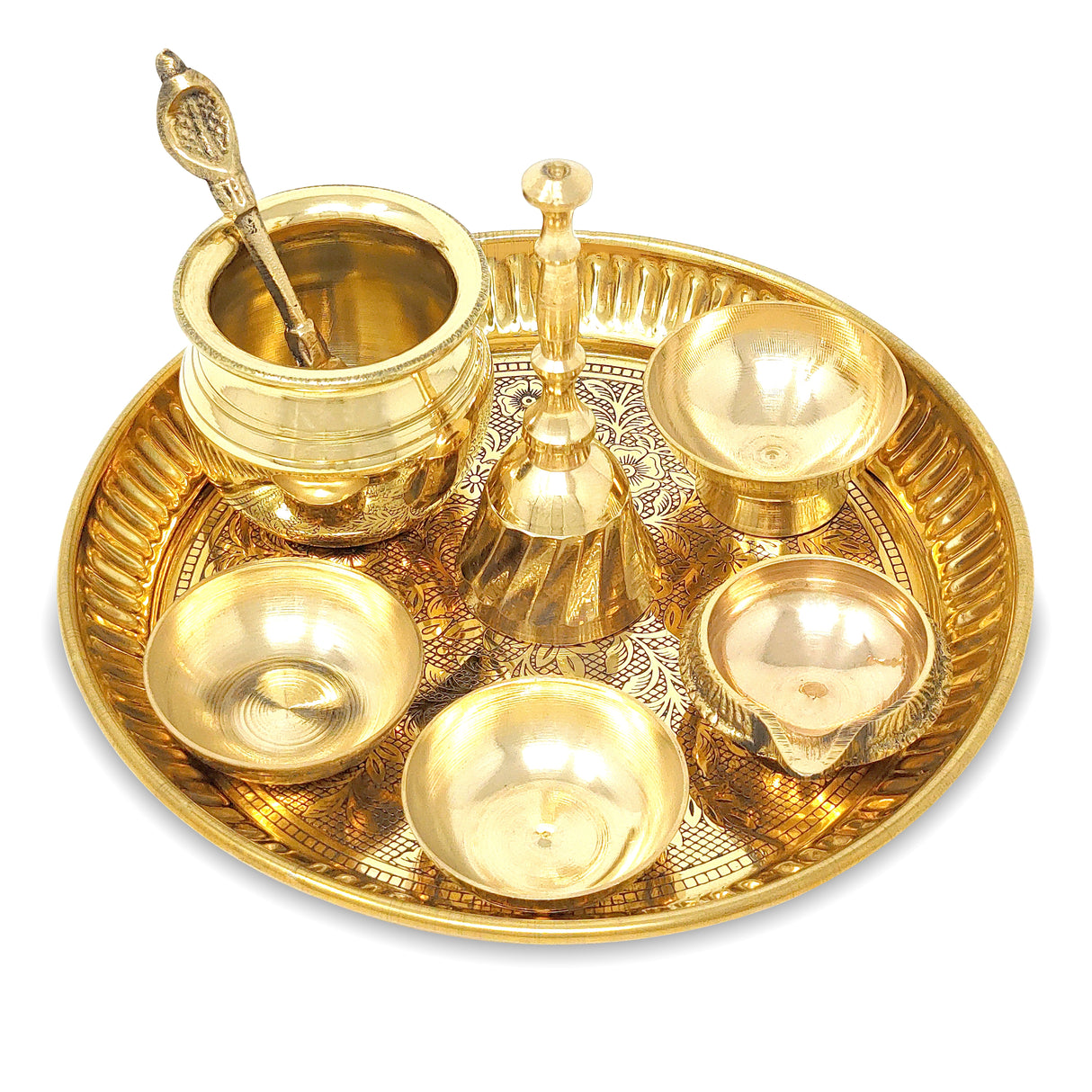 Pooja Thali Set Brass Small 6 Inch Puja Thali with Pital Plate Chandan Wati Kalash Kuber Diya Ghanti Palli Arti Thali for Diwali Home Office Mandir Wedding Return Gift Items
