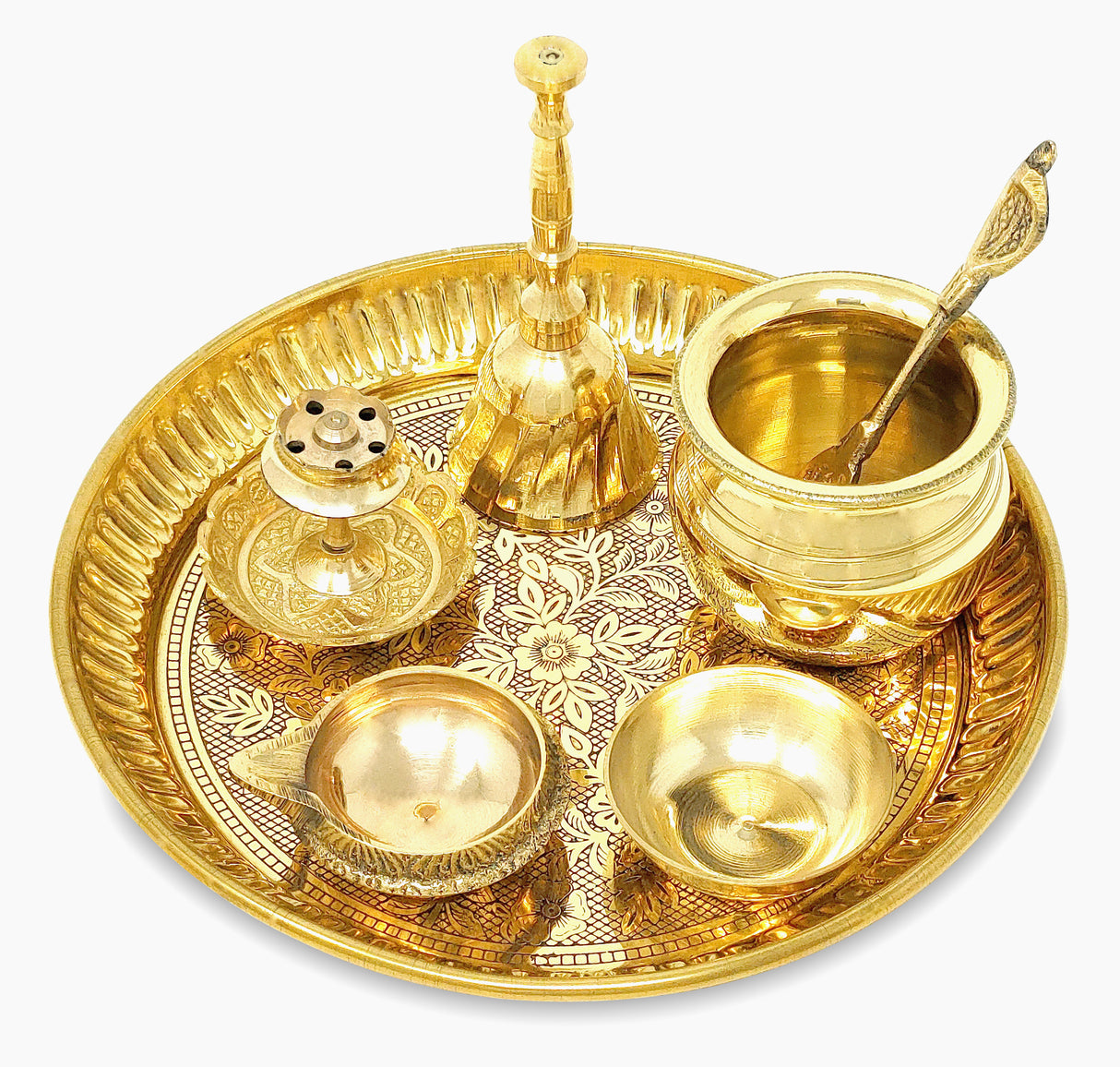 NOBILITY Brass Pooja Thali Set Small 6 Inch Puja Thali with Pital Plate Kalash Kuber Diya Chandan Wati Agarbatti Stand Ghanti Palli Arti Thali for Diwali Home Office Mandir Wedding Return Gift Items