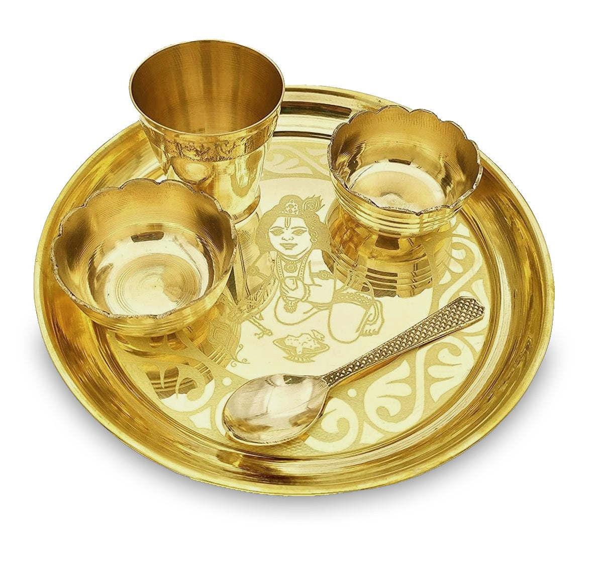 NOBILITY Pooja Thali Set Small 7 Inch With Blue Velvet Box Brass Laddu Gopal Bhog Thali for Krishna Janmashtami Decoration Puja Item Festival Puja Kanha Bhog Thali Set for Home Office Mandir Return Gift Items