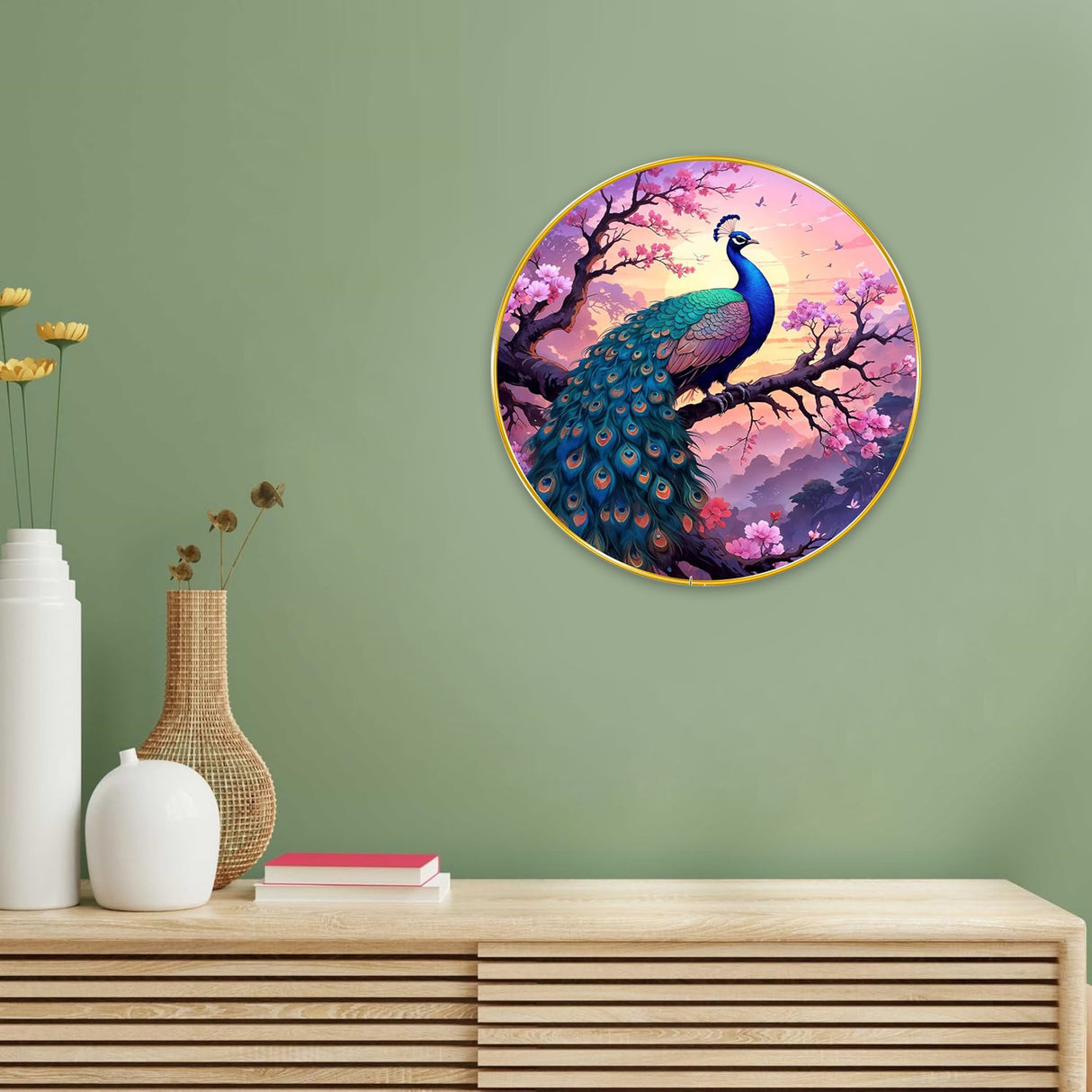 NOBILITY Peacock Painting modern sparkle lamination wall art with premium golden slim frame