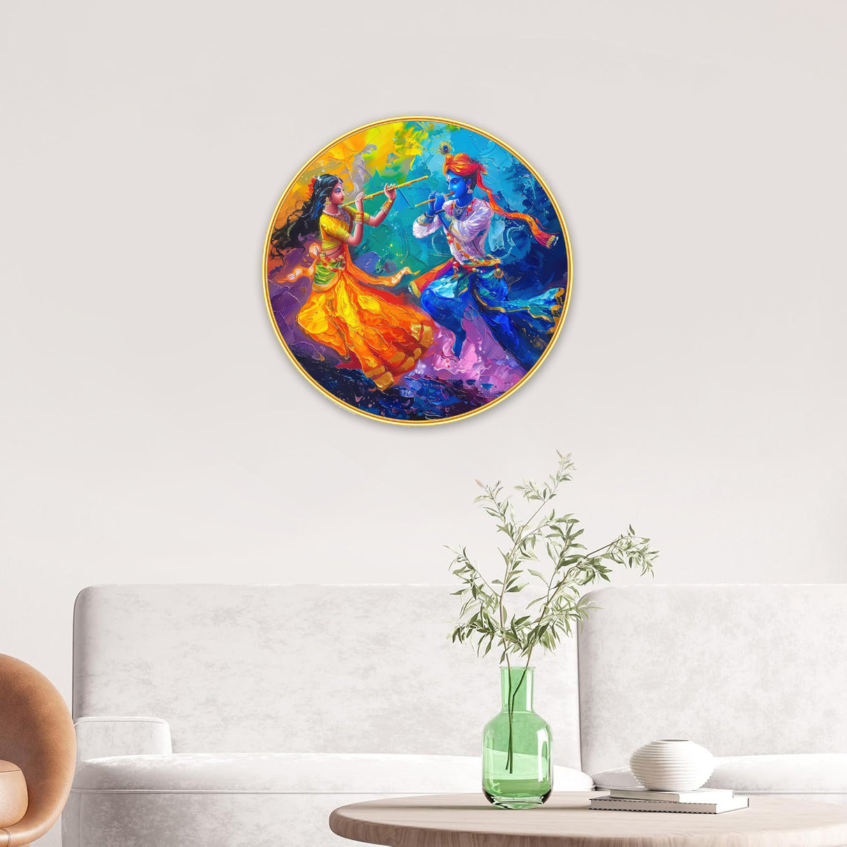 NOBILITY Radha Krishna Painting modern sparkle lamination wall art with premium golden slim frame for Home Living Room