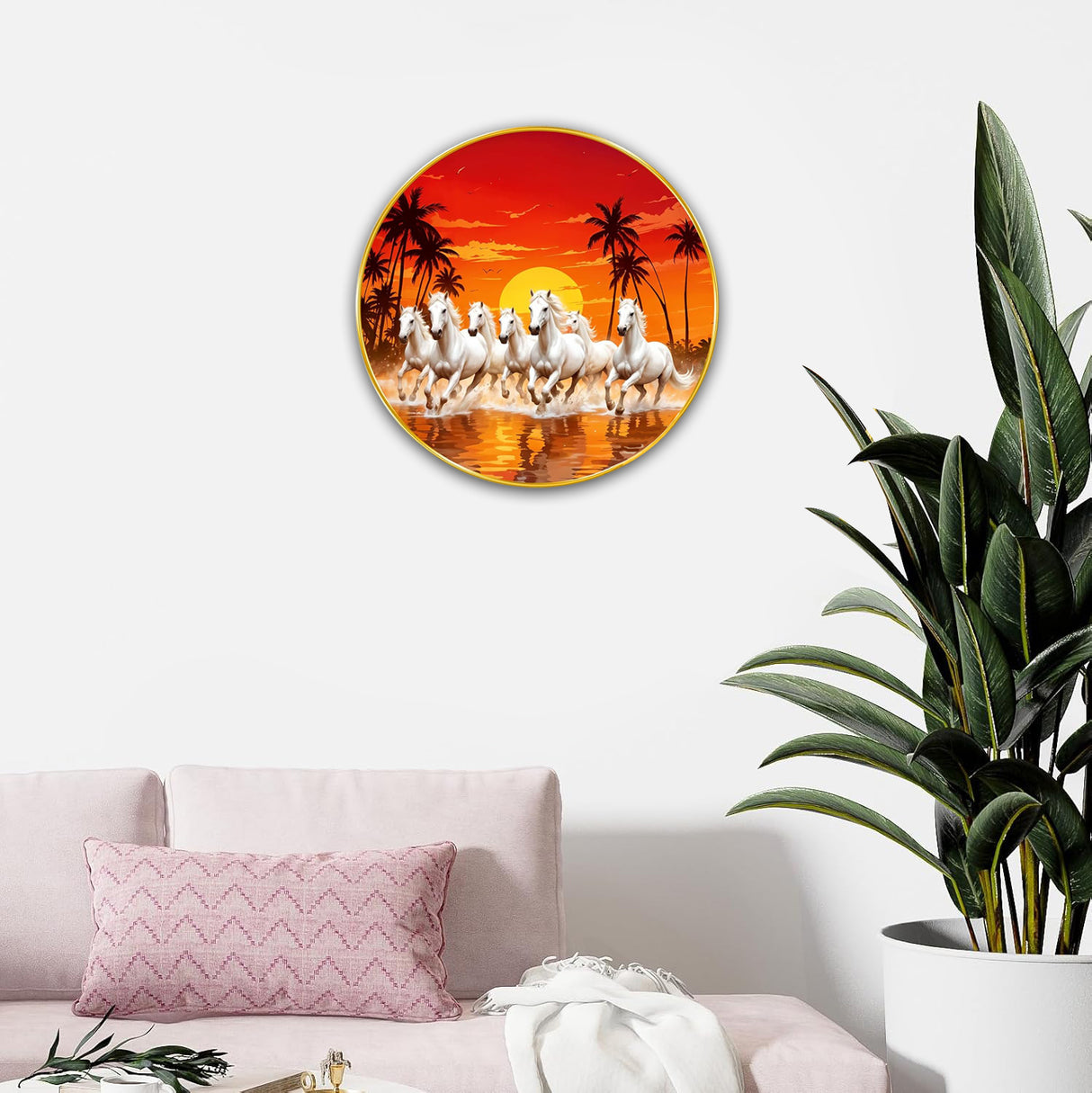 NOBILITY Seven Running Horses Painting modern sparkle lamination wall art with premium golden slim frame for Home Living Room Office Wedding Return Christmas Diwali Gift Items for Friends Family