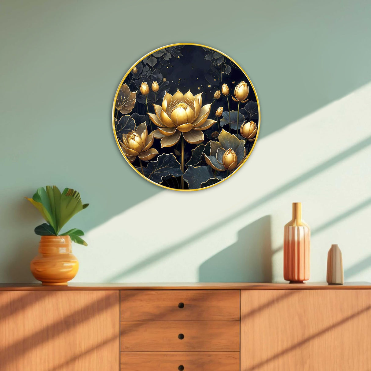 NOBILITY Golden Lotus Painting modern sparkle lamination Flower wall art with premium golden slim frame for Home Living Room Office Wedding Return Christmas Diwali Gift Items for Friends Family
