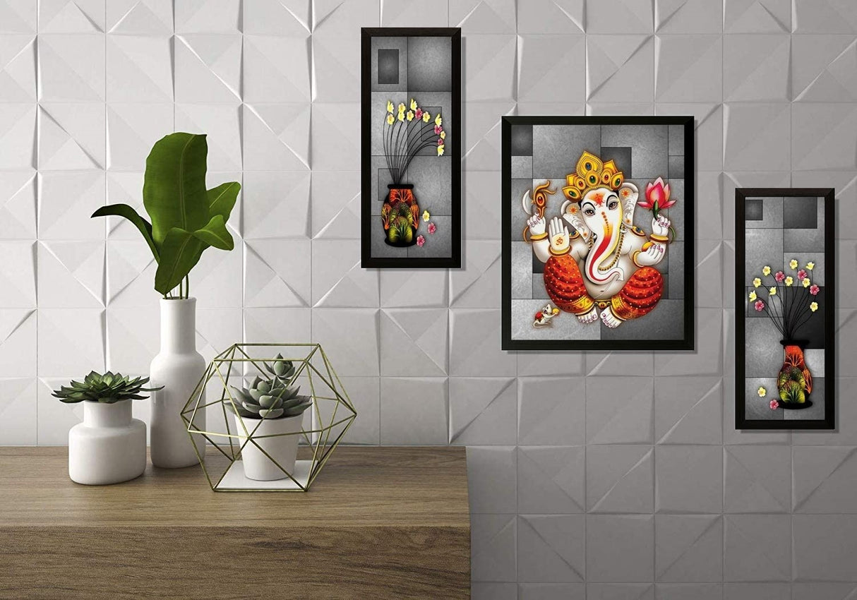 NOBILITY Ganesha Framed Painting Set of 3 Ganesh Wall Art Decor Statue Idol Decoration for Home Living Room Office Wedding Return Gift Items friends family