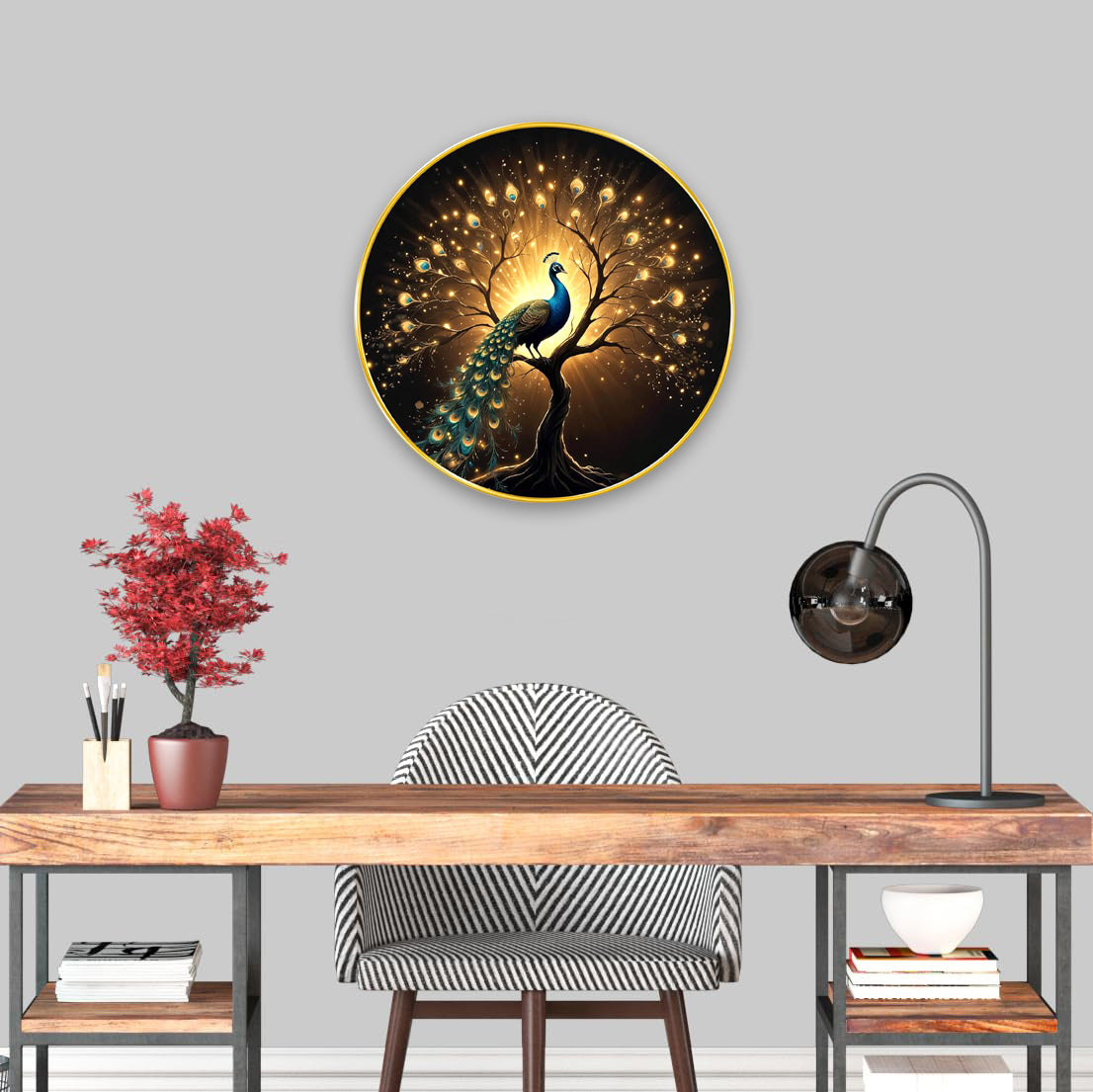NOBILITY Peacock Painting modern sparkle lamination wall art with premium golden slim frame for Home Living Room Office Wedding Return Christmas Diwali Gift Items for Friends Family