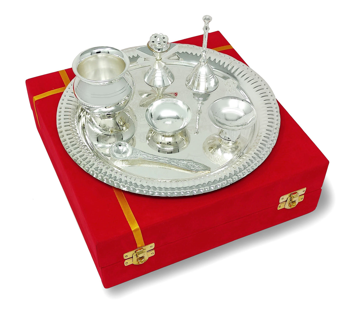 Bengalen Pooja Thali Set Silver Plated with Red Gift Box Designed 22 cm Puja Plate Kalash Bowl Ghanti Spoon Dhup Dan Diya for Home Office Diwali Wedding Return Gift Items